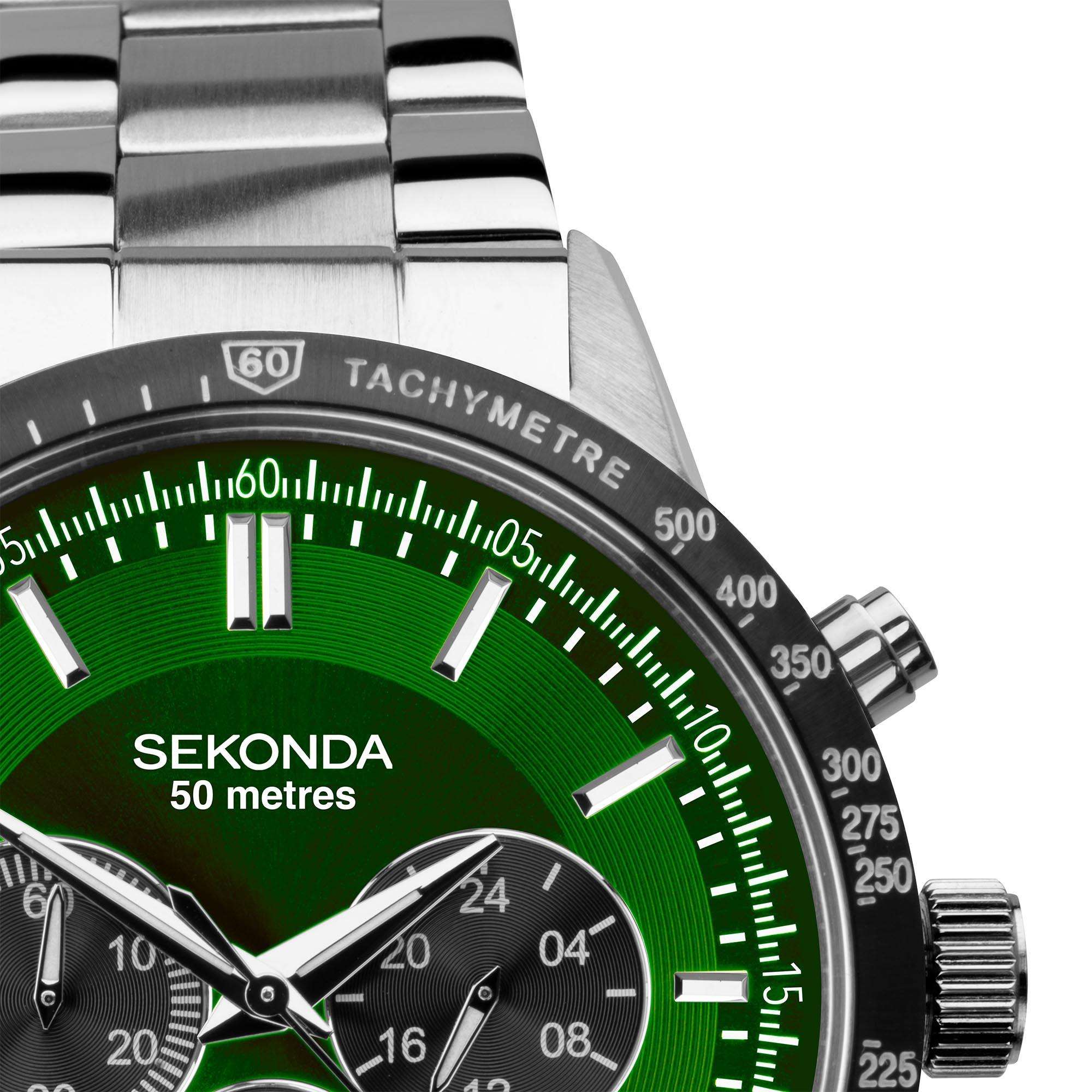 Sekonda Chronograph Quartz Green Dial Stainless Steel Bracelet Men's Watch 1913