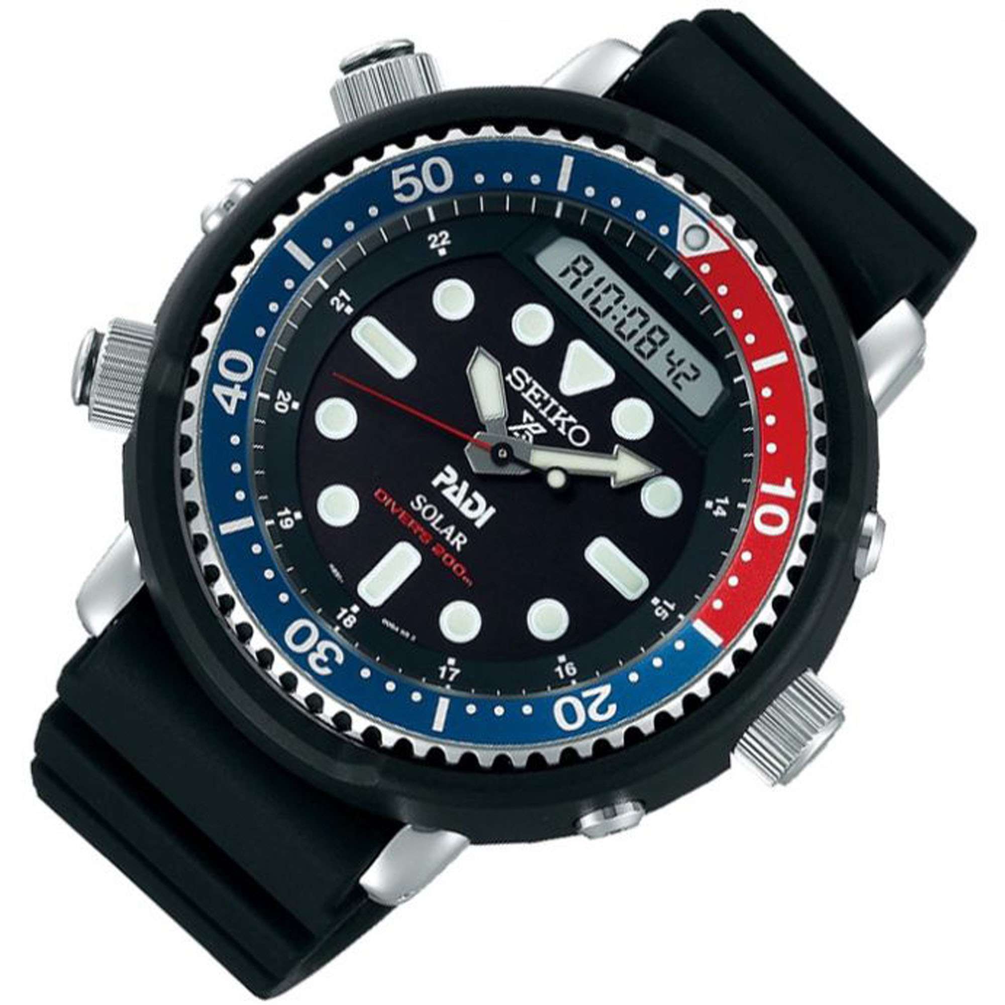 Seiko Prospex 'Arnie' PADI Predator 'Pepsi' 'Tuna' Solar Black Dial Silicone Strap Diver's Men's Watch SNJ027P1