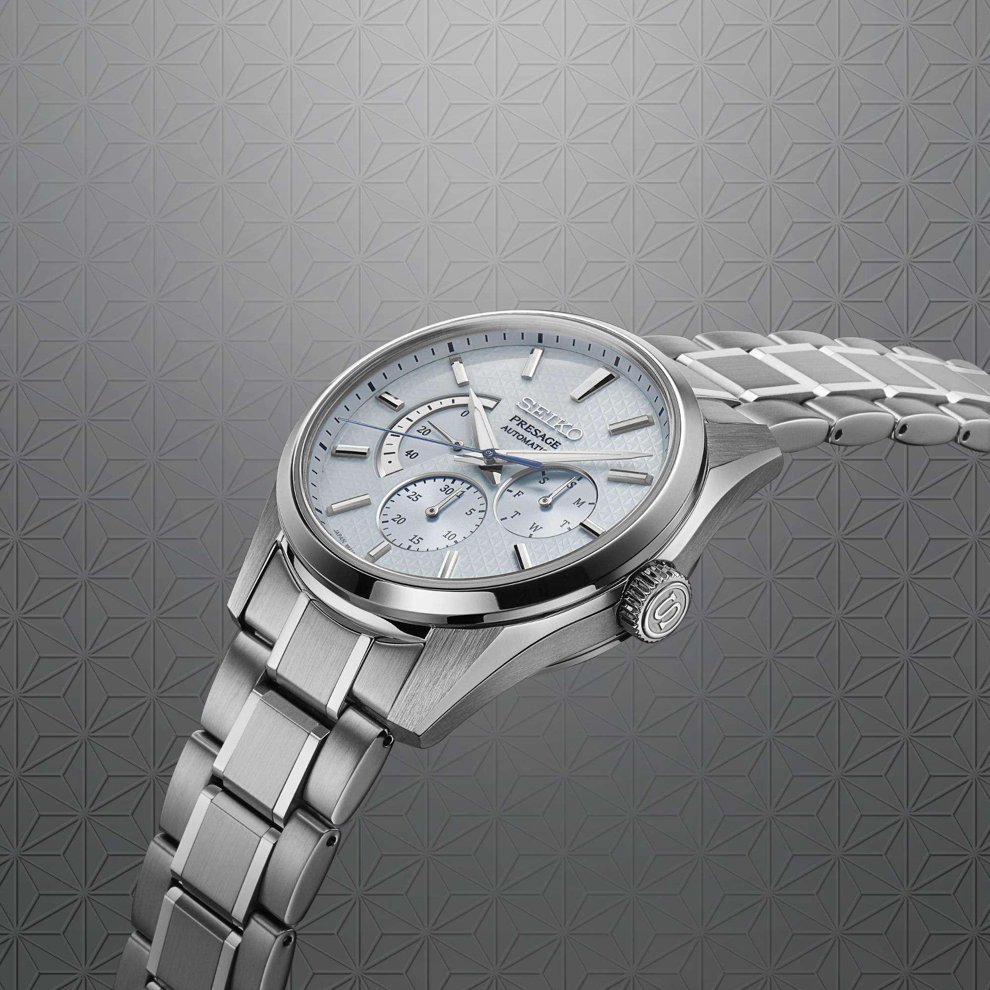 Seiko Presage Sharp Edged Geppaku Moonlight Automatic Blue Dial Stainless Steel Bracelet Men's Watch SPB305J1