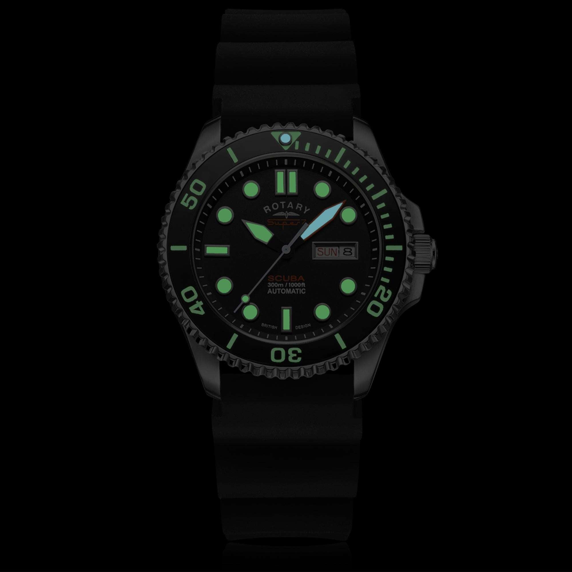 Rotary Super 7 SCUBA Automatic Black Dial Ceramic Bezel Silicone Strap Men's Dive Watch S7S001S