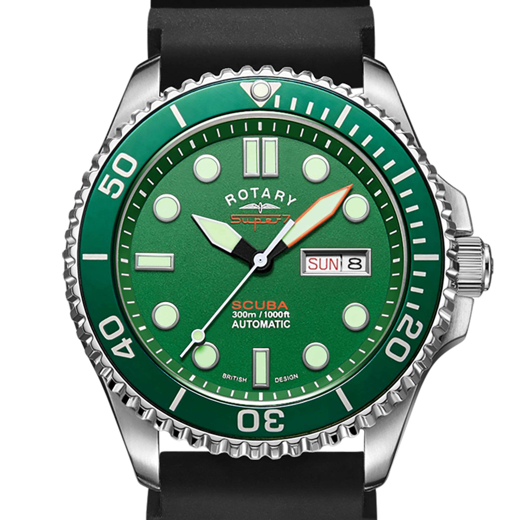 Rotary Super 7 SCUBA Hulk Automatic Green Dial Silicone Strap Men's Dive Watch S7S003S