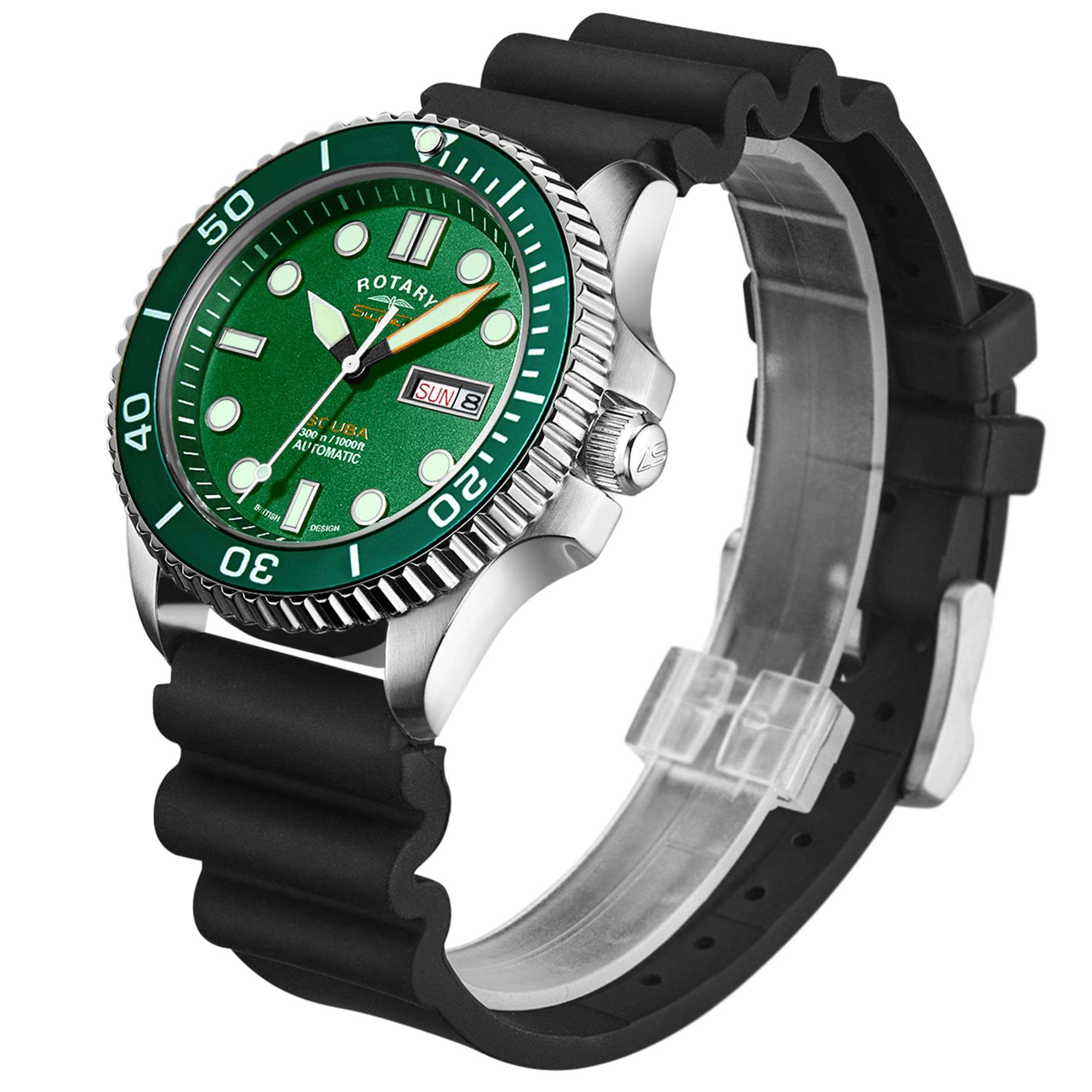 Rotary Super 7 SCUBA Hulk Automatic Green Dial Silicone Strap Men's Dive Watch S7S003S