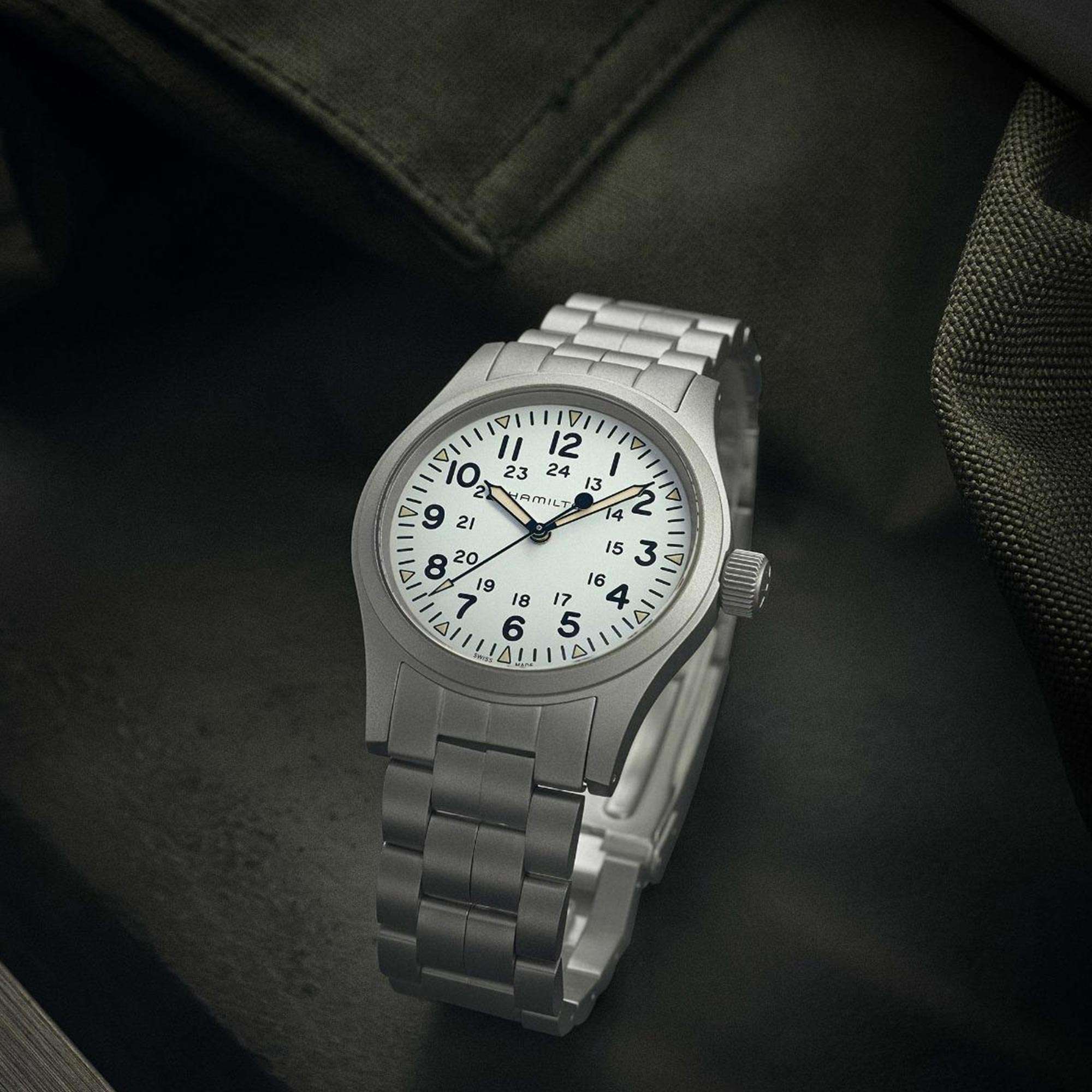 Hamilton Khaki Field Mechanical White Dial Stainless Steel Bracelet Men's Watch H69439111