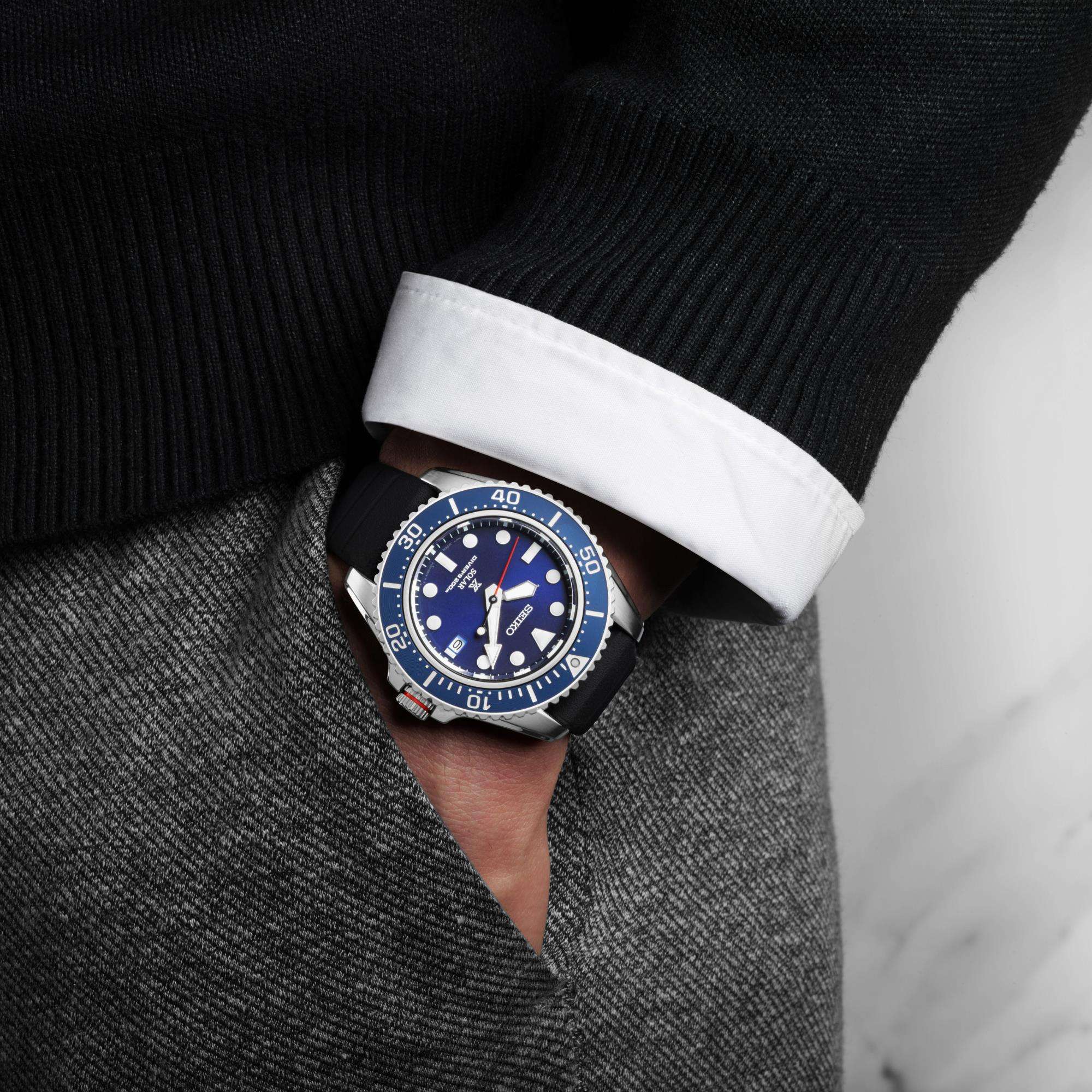 Seiko Prospex Compact Solar Diver Blue Dial Rubber Strap Men's Watch SNE593P1