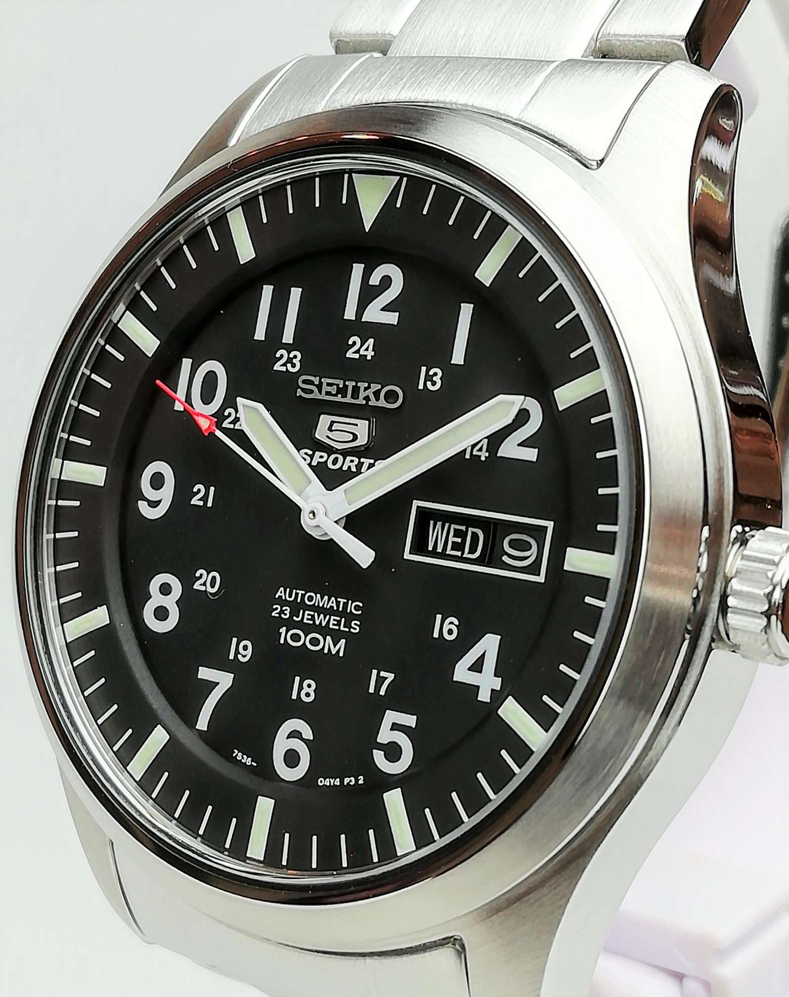 Seiko 5 Sports Military Field Automatic Black Dial Steel Bracelet Strap Men's Watch SNZG13K1