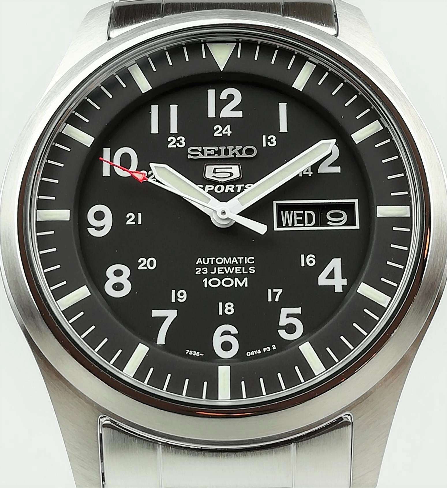 Seiko 5 Sports Military Field Automatic Black Dial Steel Bracelet Strap Men's Watch SNZG13K1