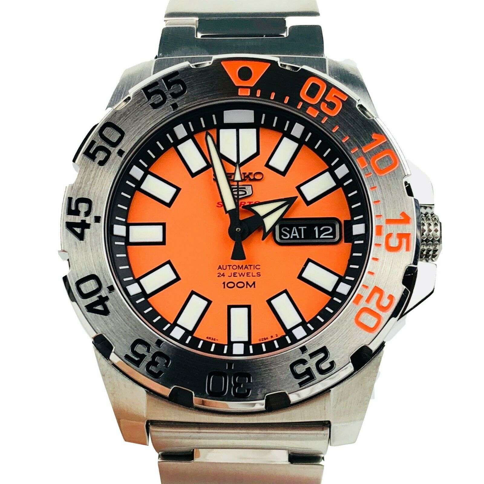 Seiko 5 Sports Diver Baby Orange Monster Silver Stainless Steel Orange Dial Men's Watch SRP483K1