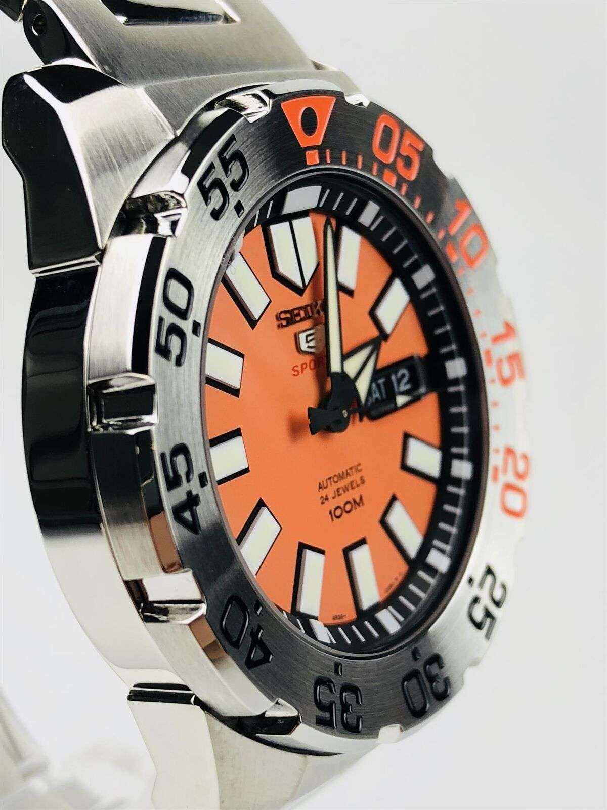 Seiko 5 Sports Diver Baby Orange Monster Silver Stainless Steel Orange Dial Men's Watch SRP483K1