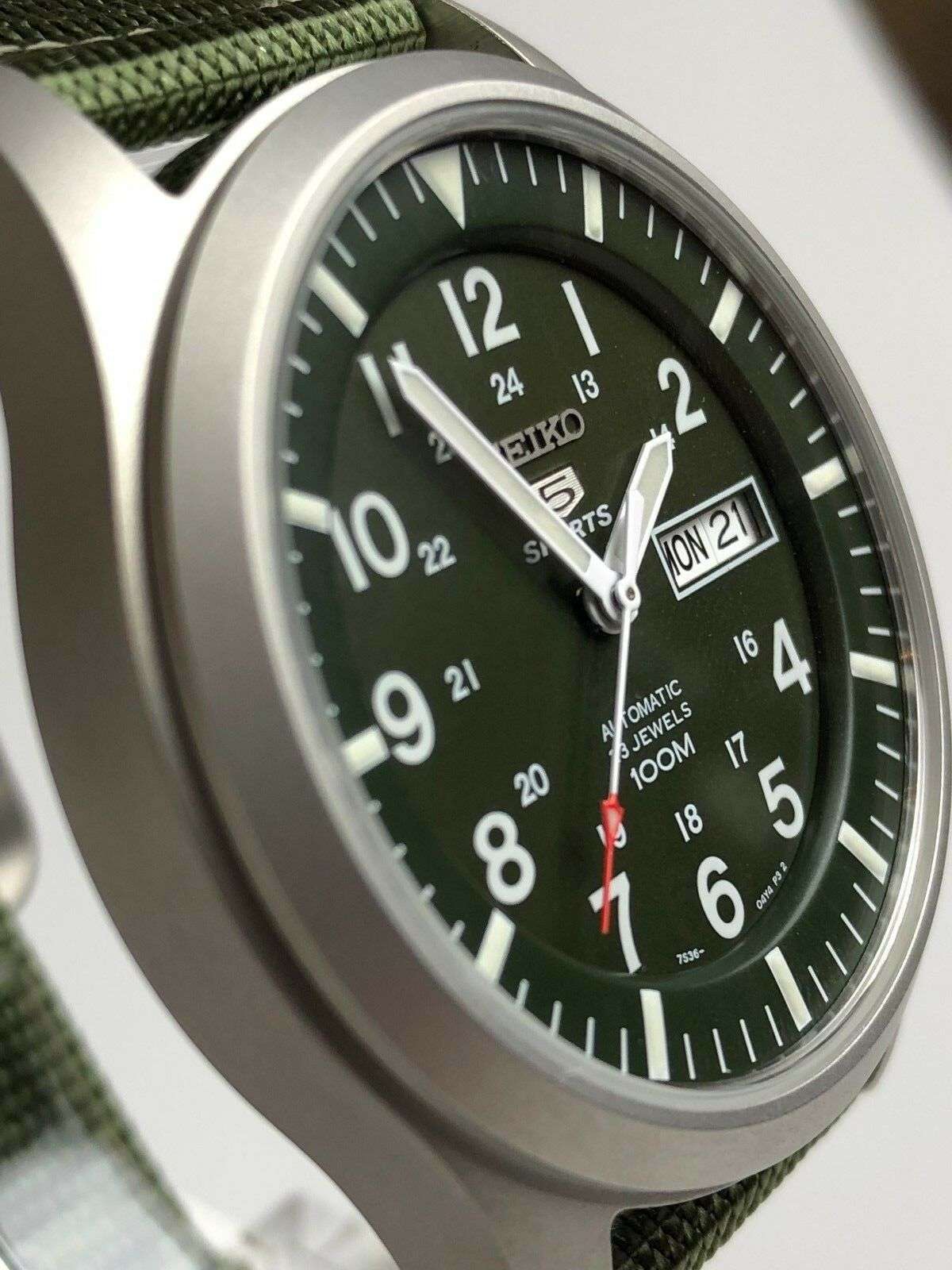 Seiko 5 Sports Automatic Green Dial Green NATO Style Strap Men's Watch SNZG09K1