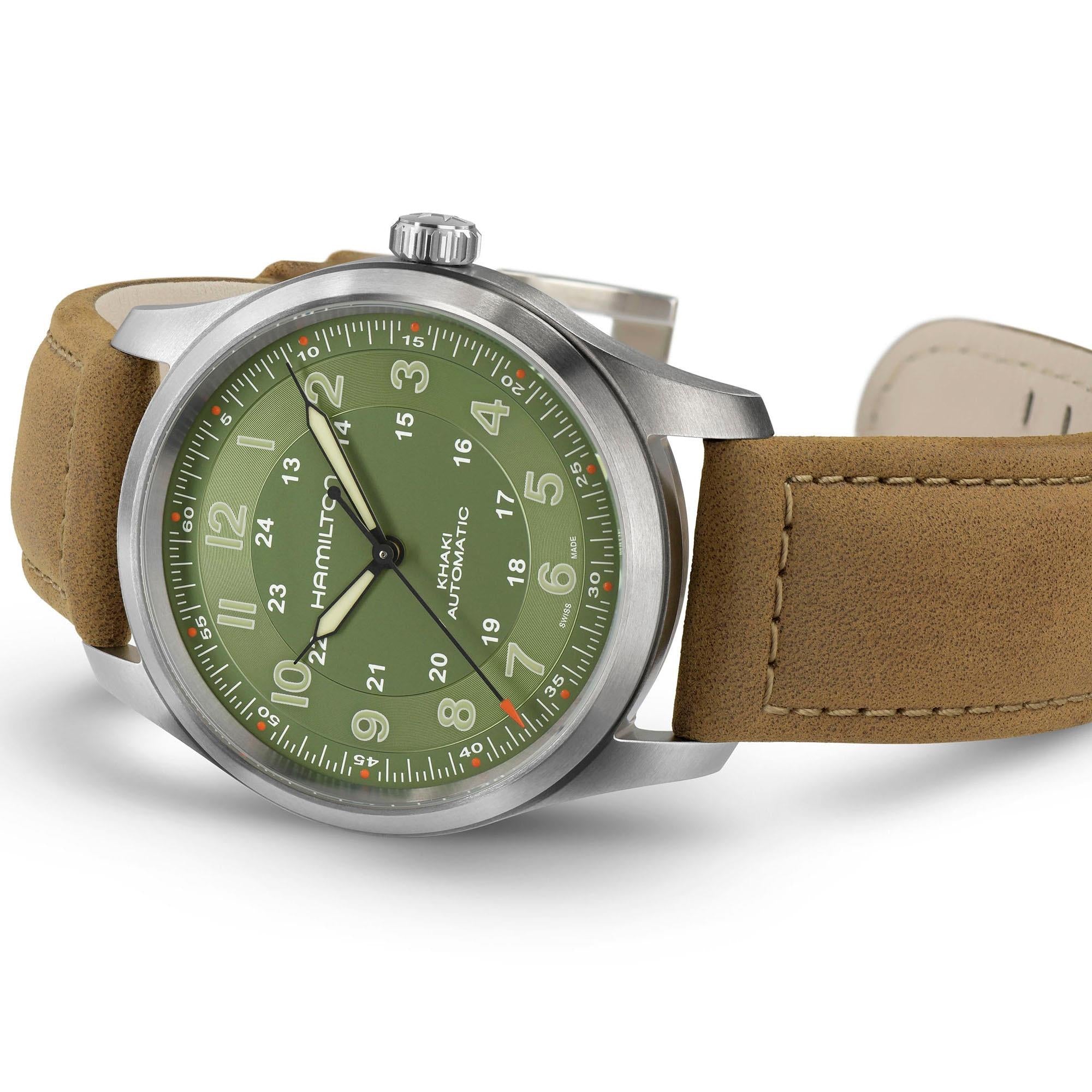 Hamilton Khaki Field Titanium Automatic Green Dial Brown Leather Strap Men's Watch H70205860
