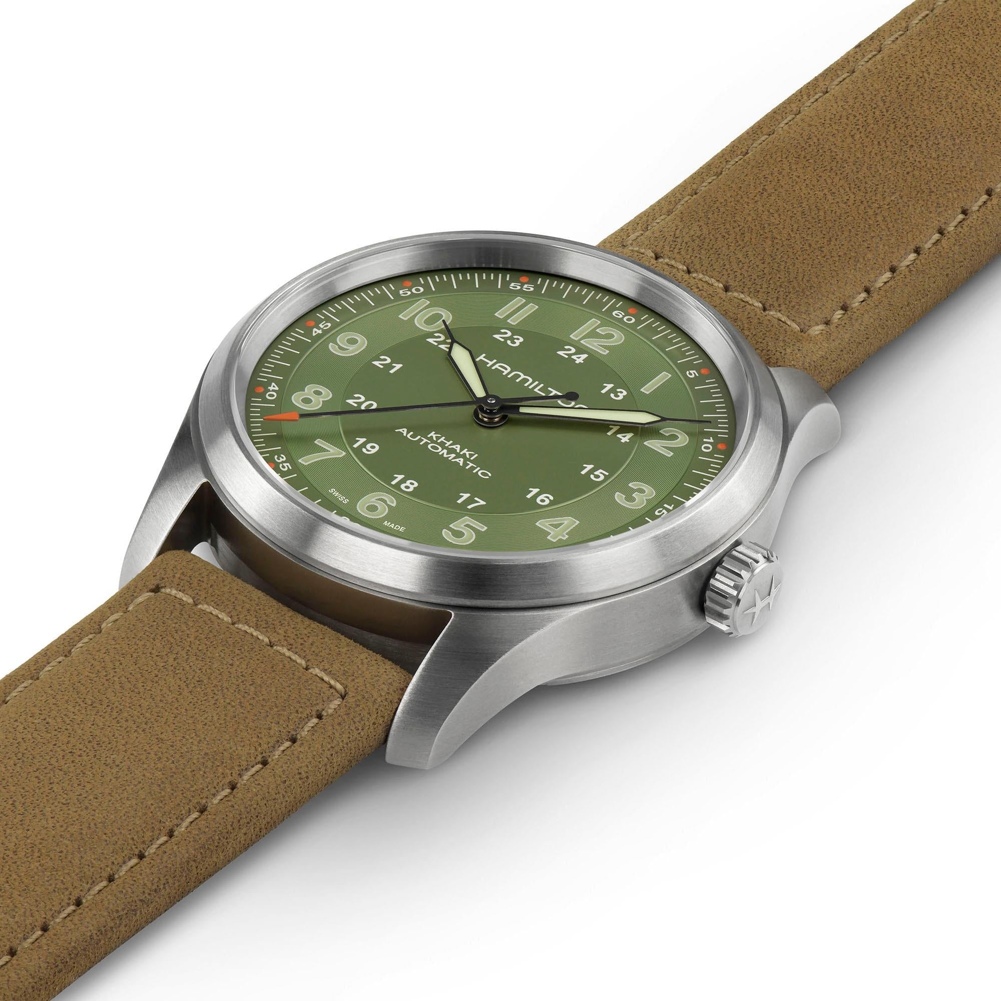 Hamilton Khaki Field Titanium Automatic Green Dial Brown Leather Strap Men's Watch H70205860