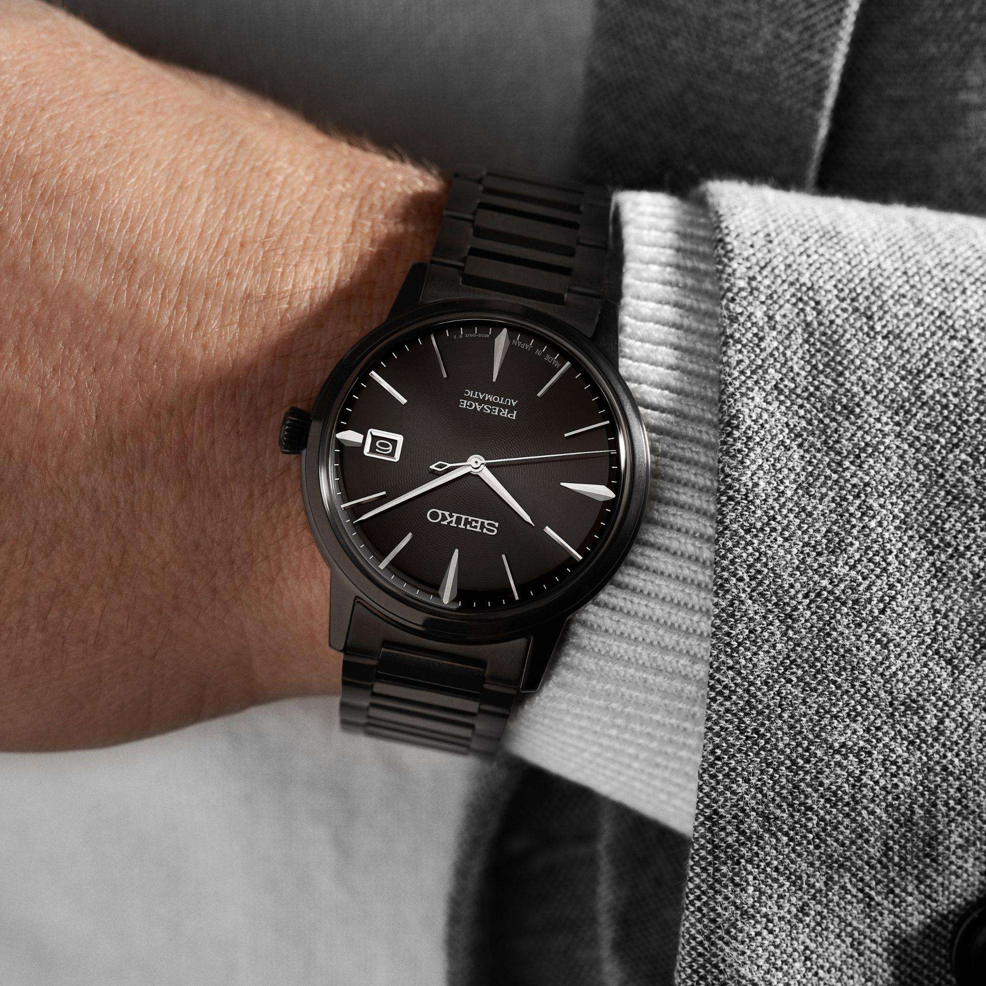 Seiko Presage Cocktail Time 'Black Velvet' Automatic Black Dial Black PVD Stainless Steel Bracelet Men's Watch SRPJ15J1