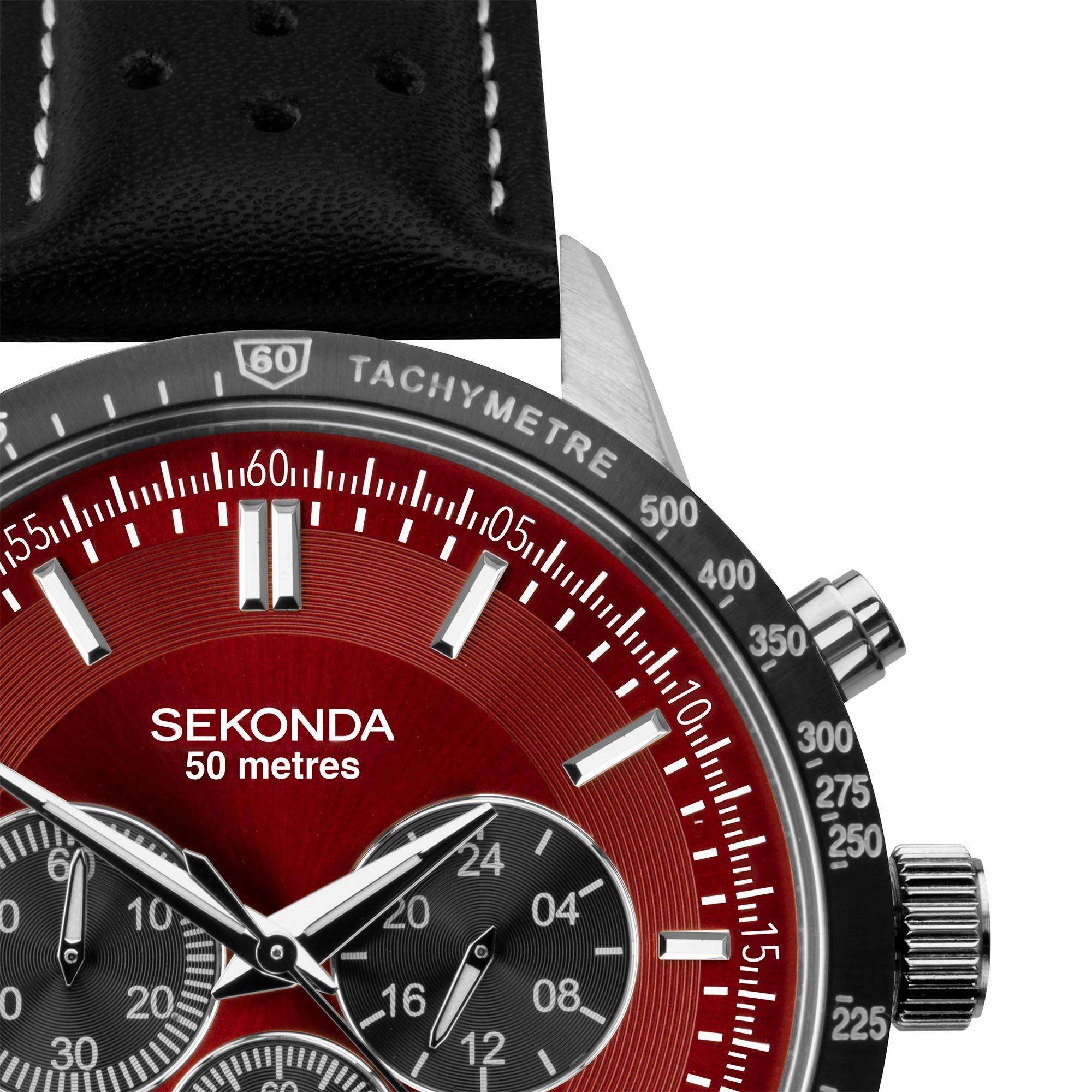 Sekonda Chronograph Quartz Red Dial Black Leather Strap Men's Watch 1938