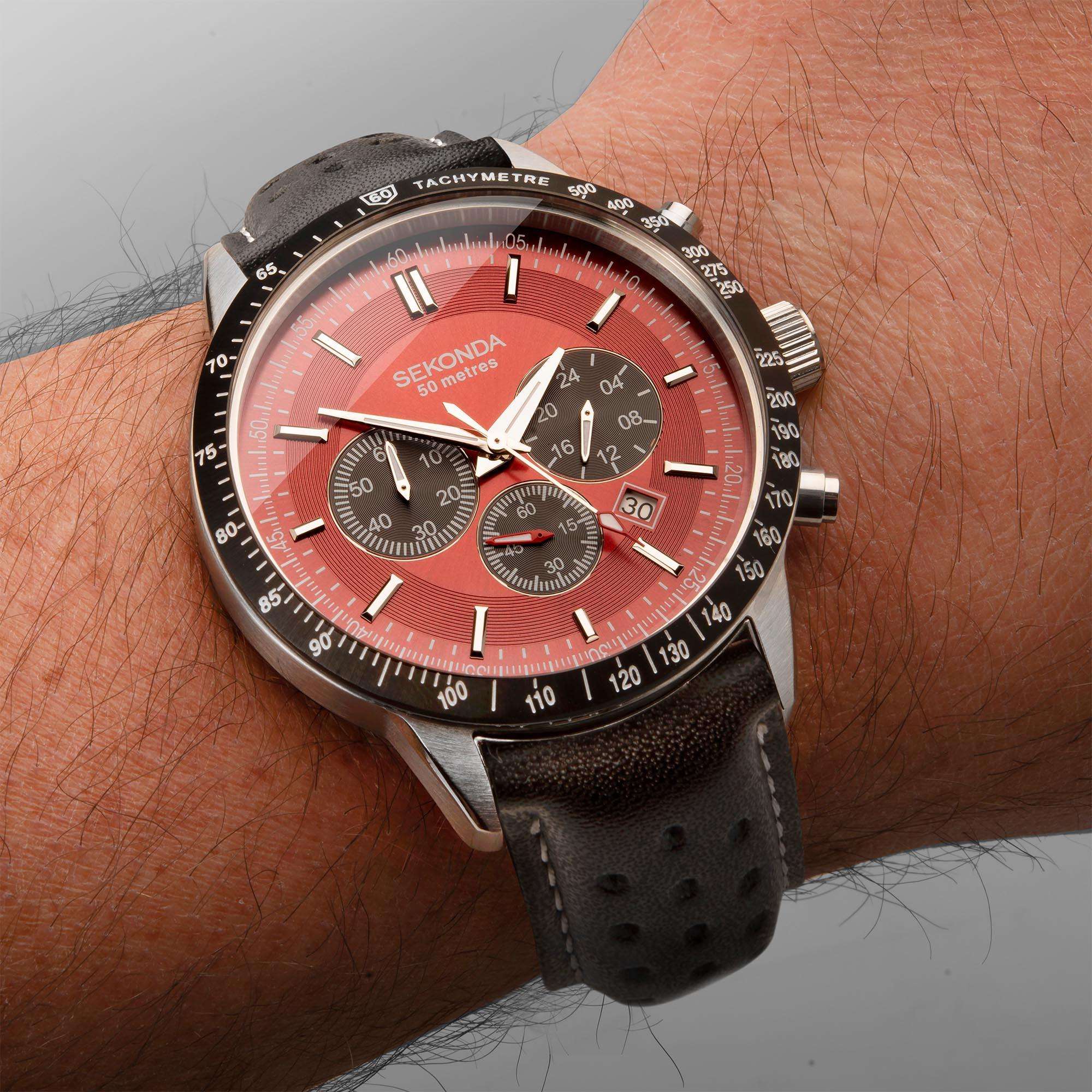 Sekonda Chronograph Quartz Red Dial Black Leather Strap Men's Watch 1938