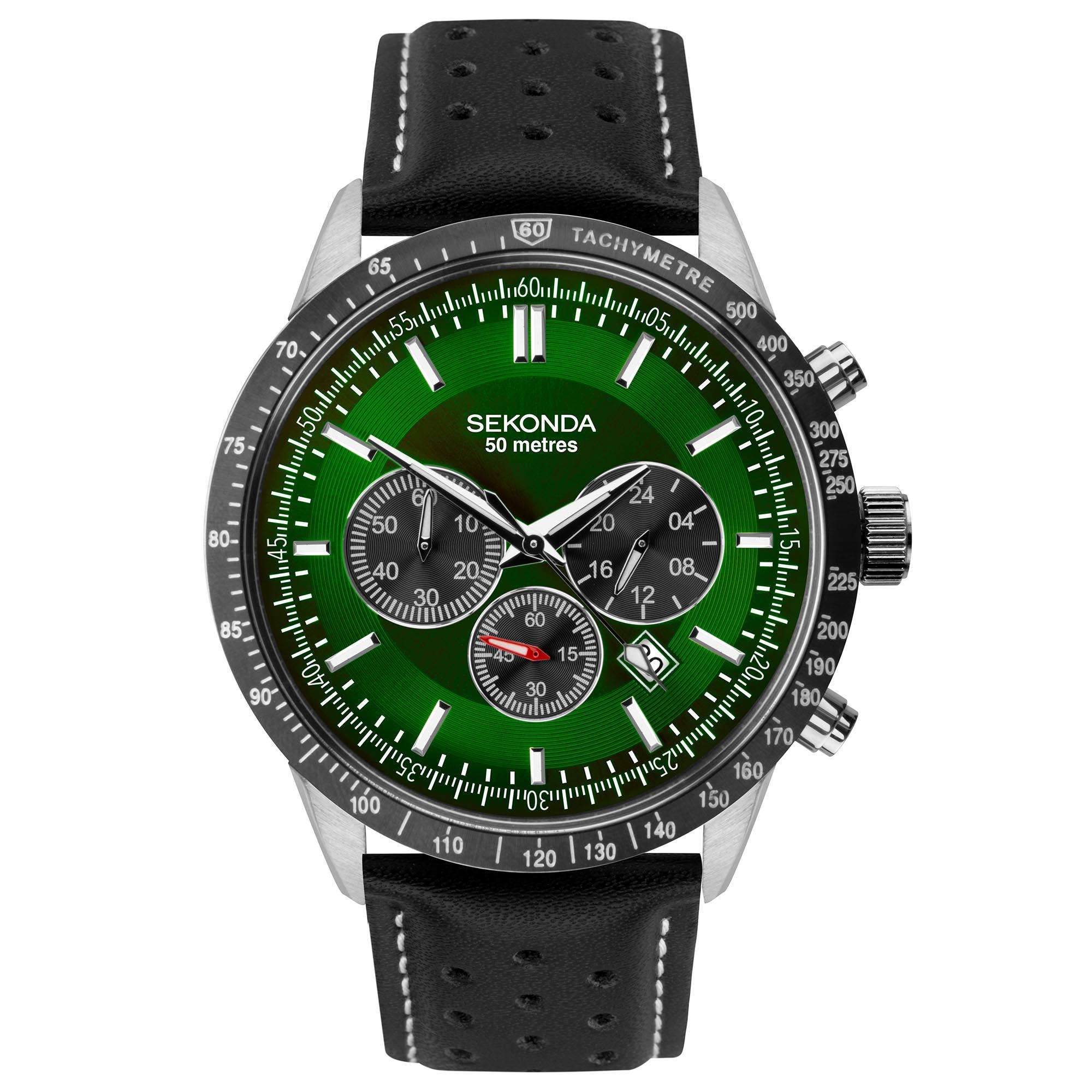 Sekonda Chronograph Quartz Green Dial Black Leather Strap Men's Watch 1937