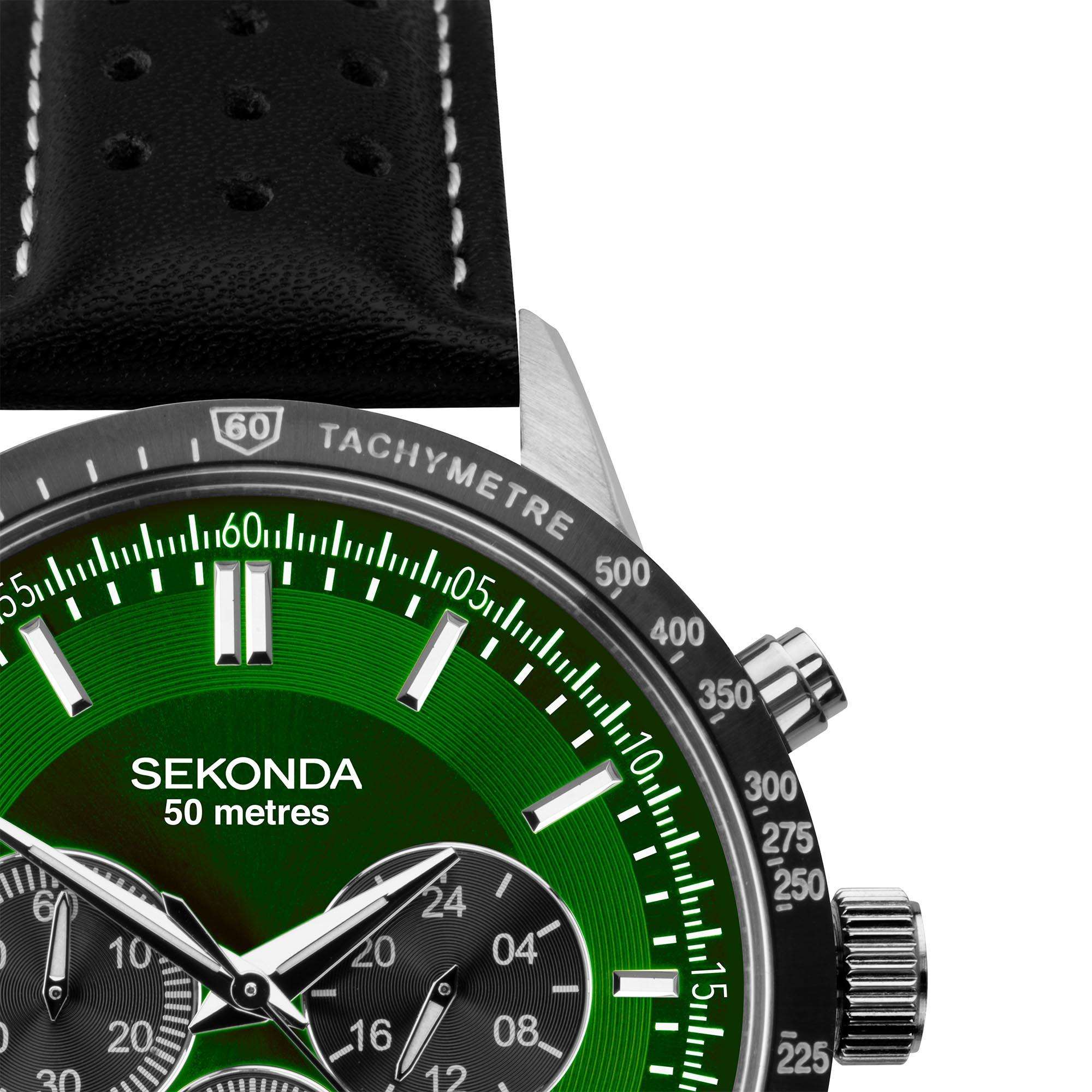 Sekonda Chronograph Quartz Green Dial Black Leather Strap Men's Watch 1937