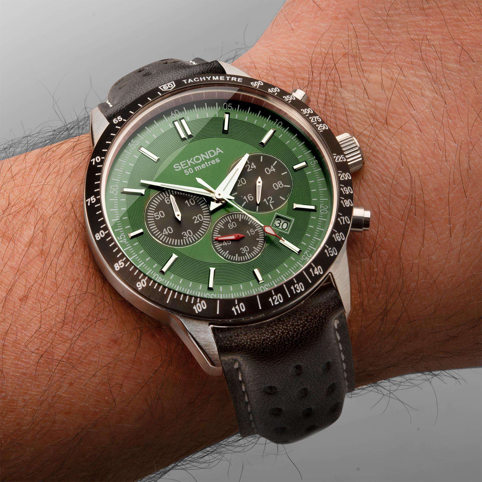 Sekonda Chronograph Quartz Green Dial Black Leather Strap Men's Watch 1937