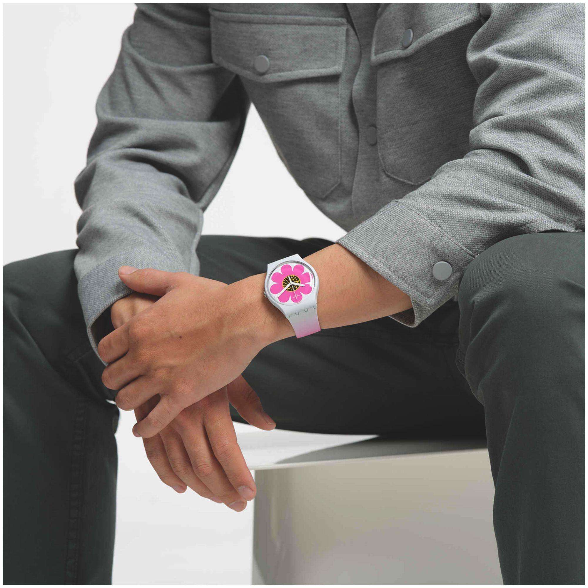 Swatch New Gent Bioceramic Flower Hour Quartz Multi-Coloured Dial Pink Silicone Strap Unisex Watch SO32M104