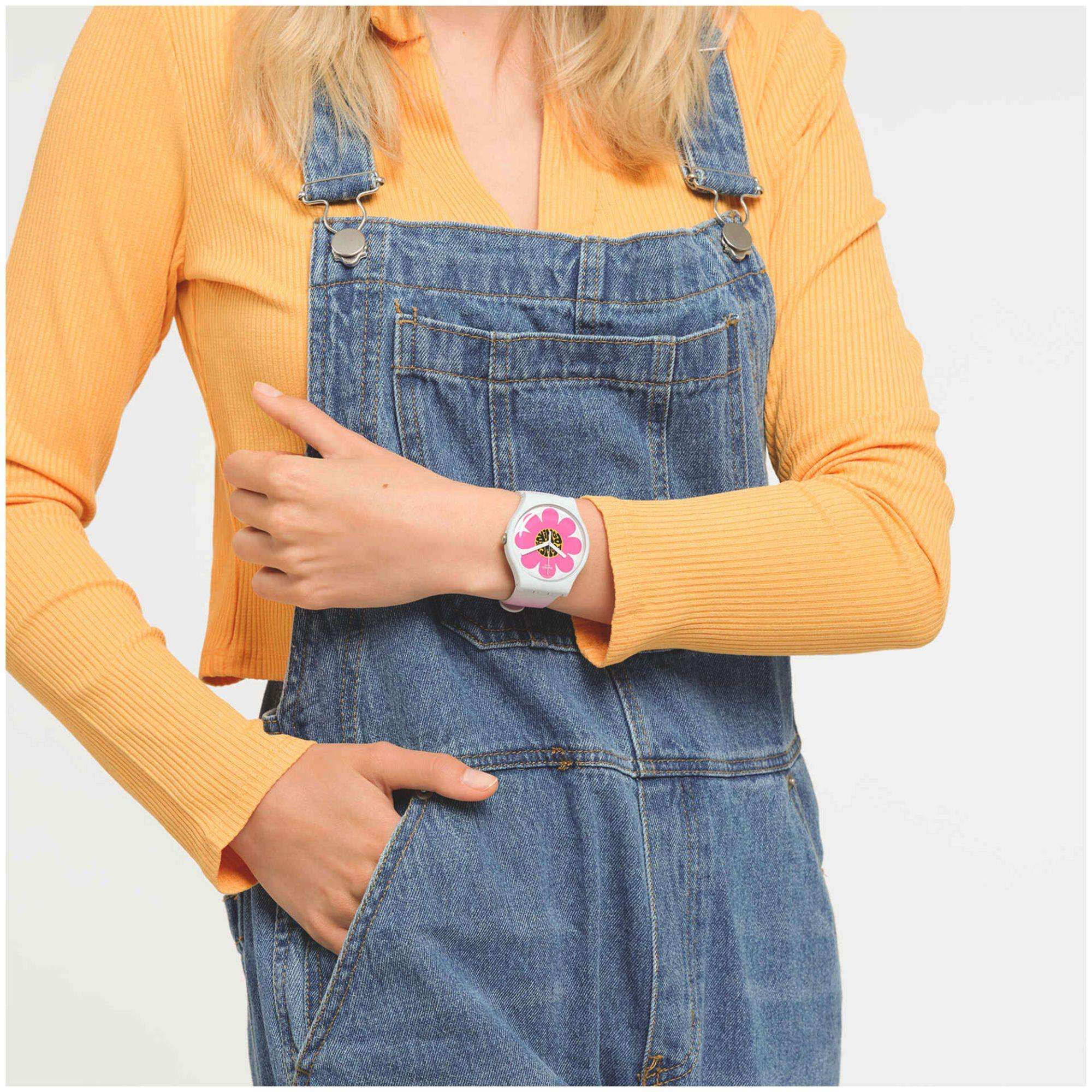 Swatch New Gent Bioceramic Flower Hour Quartz Multi-Coloured Dial Pink Silicone Strap Unisex Watch SO32M104