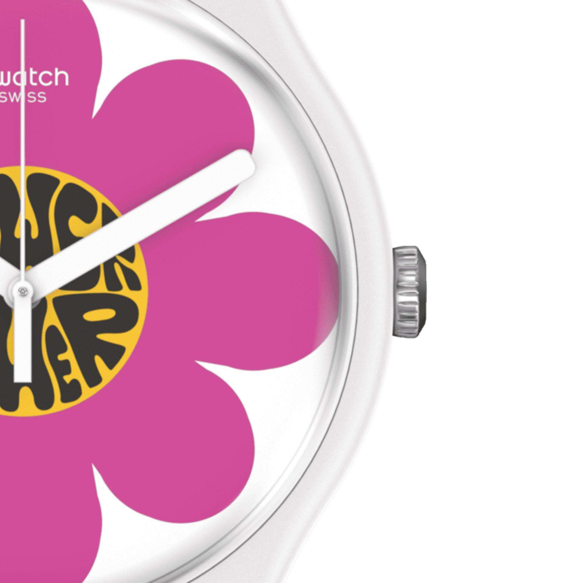Swatch New Gent Bioceramic Flower Hour Quartz Multi-Coloured Dial Pink Silicone Strap Unisex Watch SO32M104