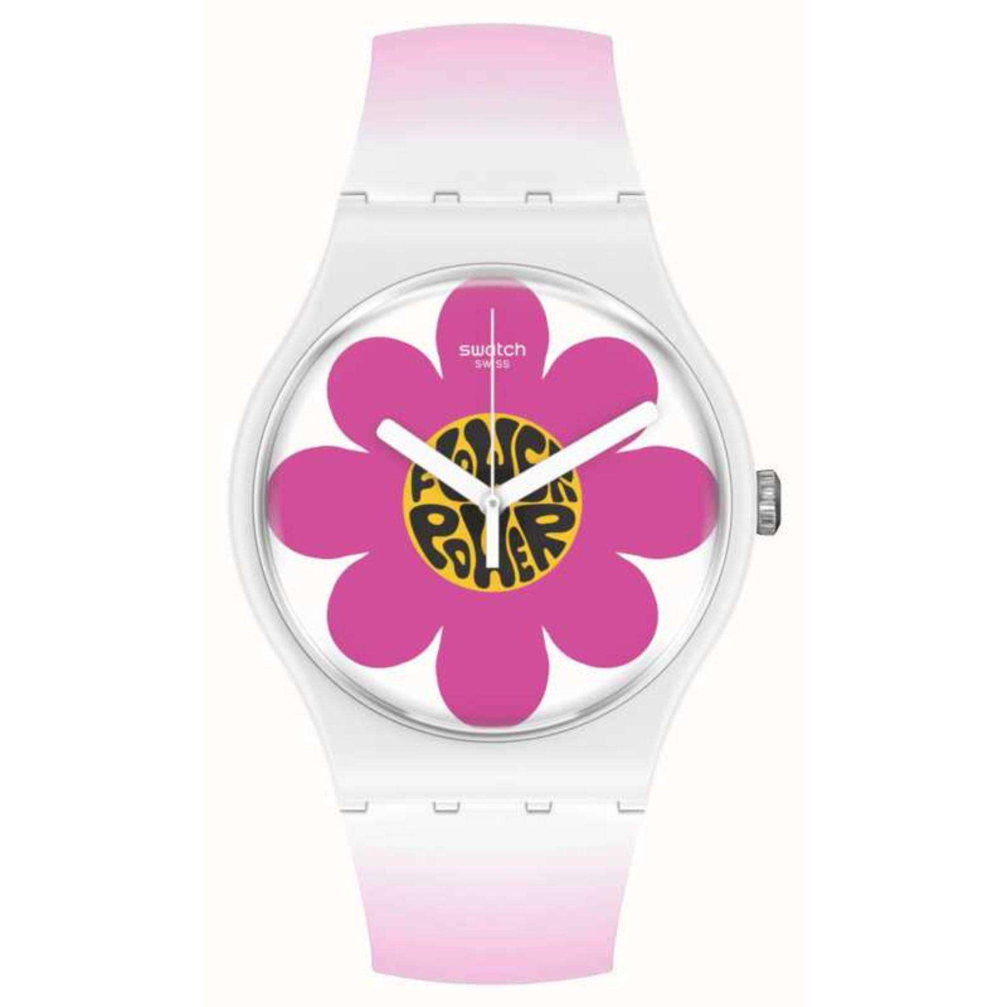 Swatch New Gent Bioceramic Flower Hour Quartz Multi-Coloured Dial Pink Silicone Strap Unisex Watch SO32M104