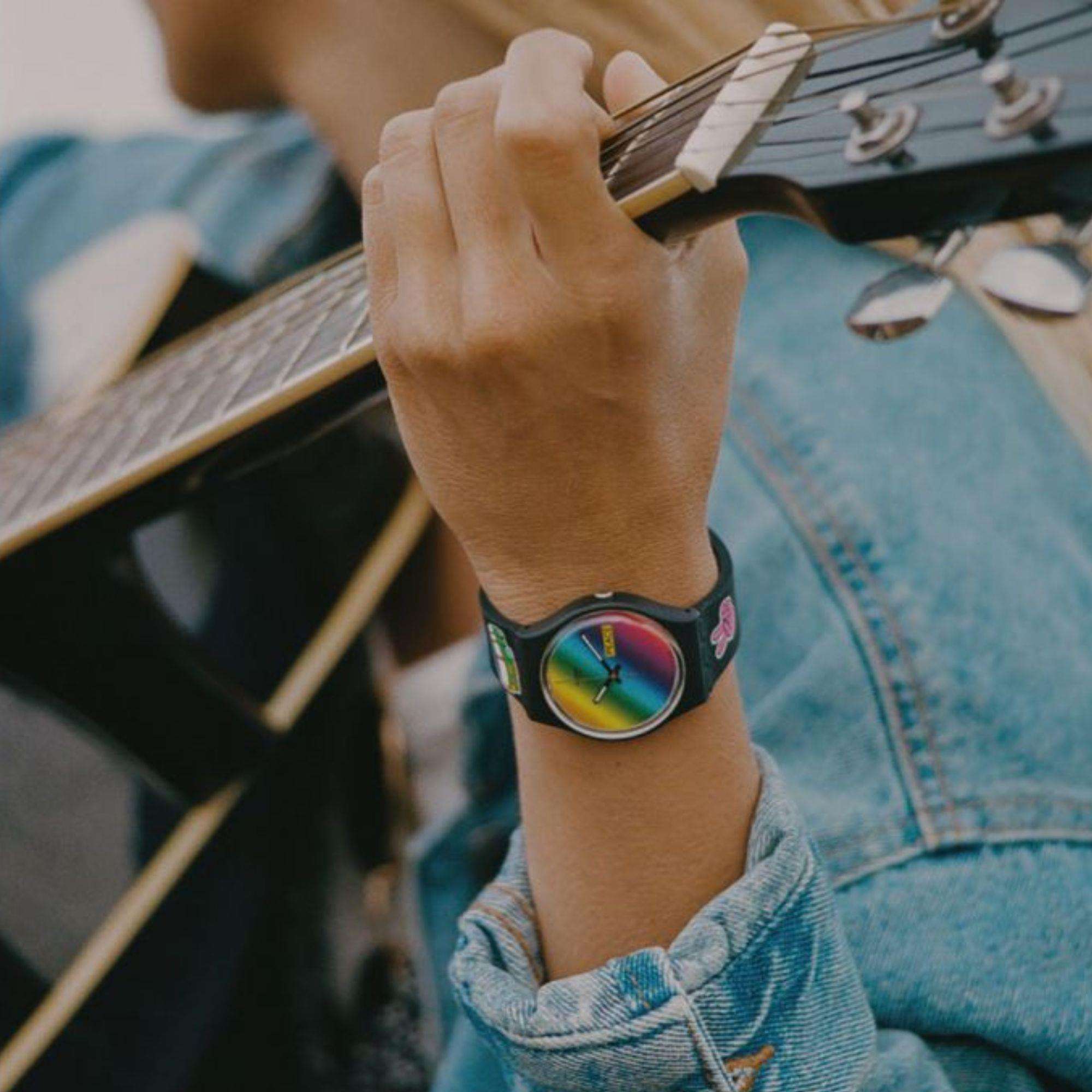 Swatch Gent Bioceramic Go With The Bow Quartz Multi-Coloured Dial Black Silicone Strap Unisex Watch SO31B101
