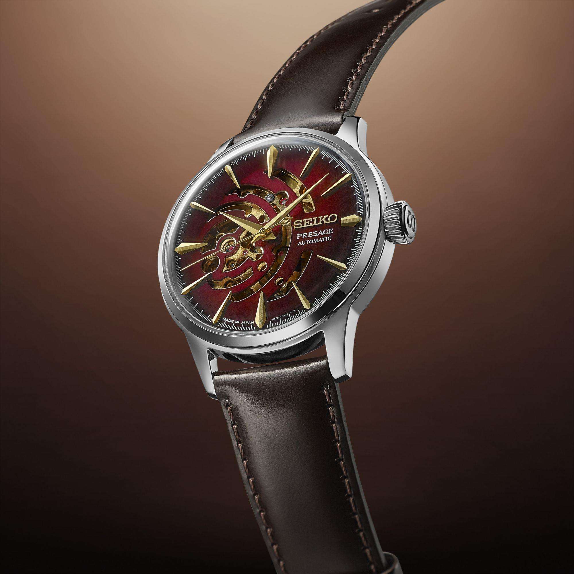 Seiko Presage Cocktail Time Star Bar 'Red Brick' Automatic Red Dial Black Leather Strap Limited Edition Men’s Watch SSA457J1