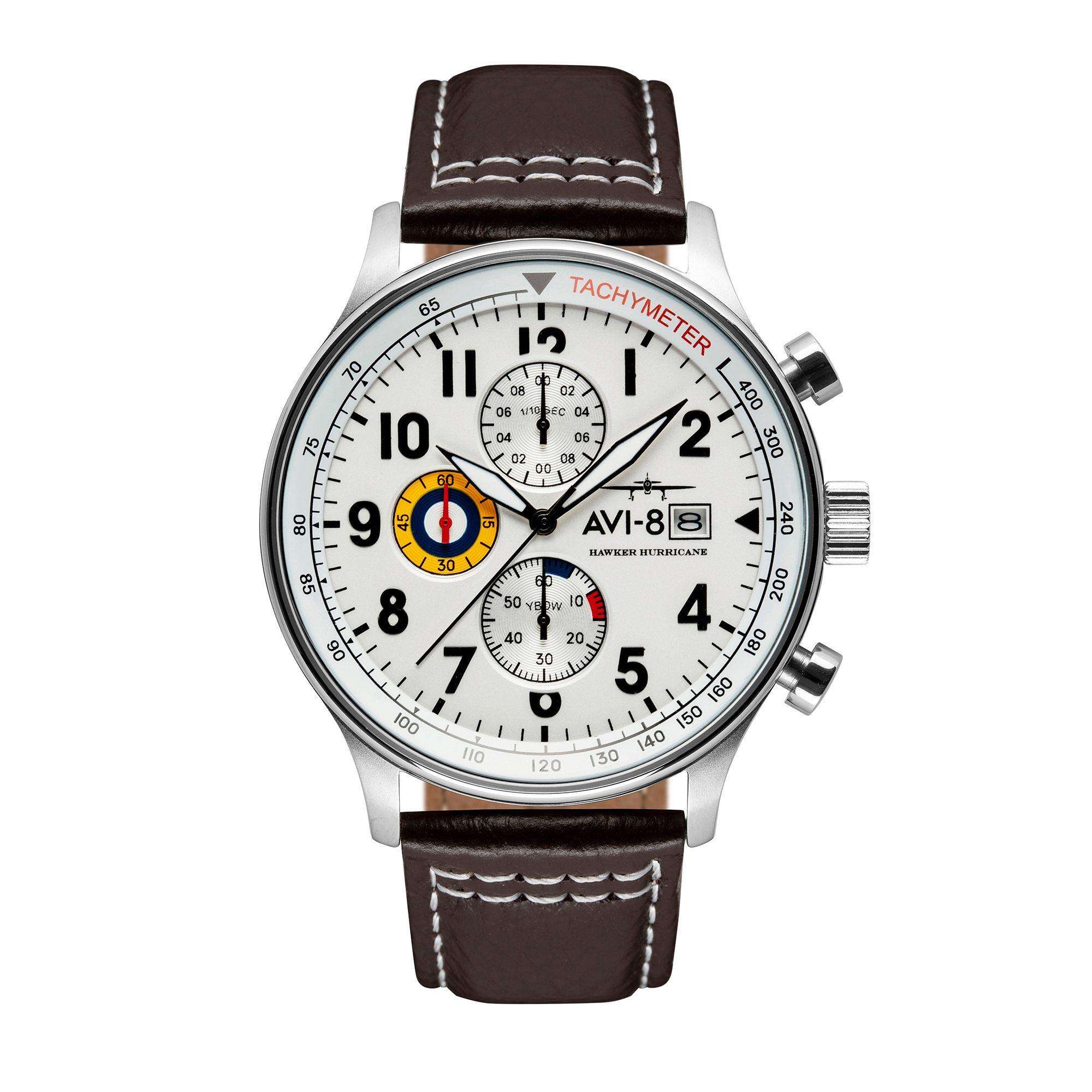 The AVI-8 Hawker Hurricane Classic Chronograph White Dial Brown Leather Strap Mens Watch AV-4011-01