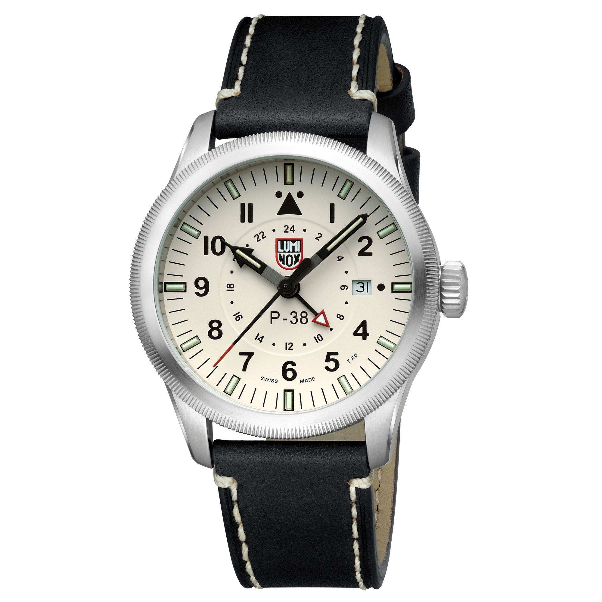 Luminox P-38 Lightning 9520 Series Cream Dial Black Leather Strap Men's Watch XA.9527