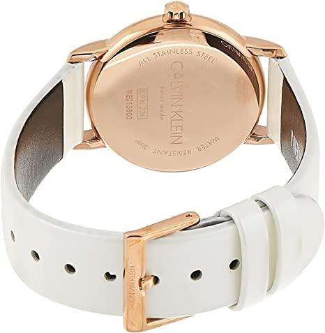 Calvin Klein Established Silver Dial White Leather Strap Ladies Watch K9H236L6 32mm