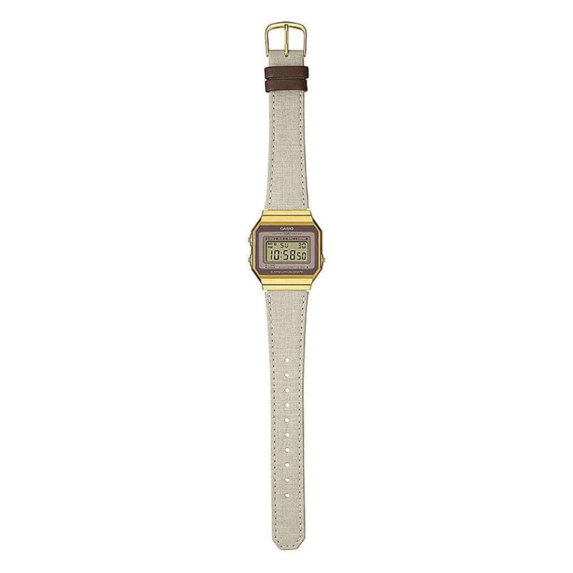 Casio Collection Vintage Digital Gold IP Case Cream Fabric Strap Ladies Watch A700WEGL-7AEF