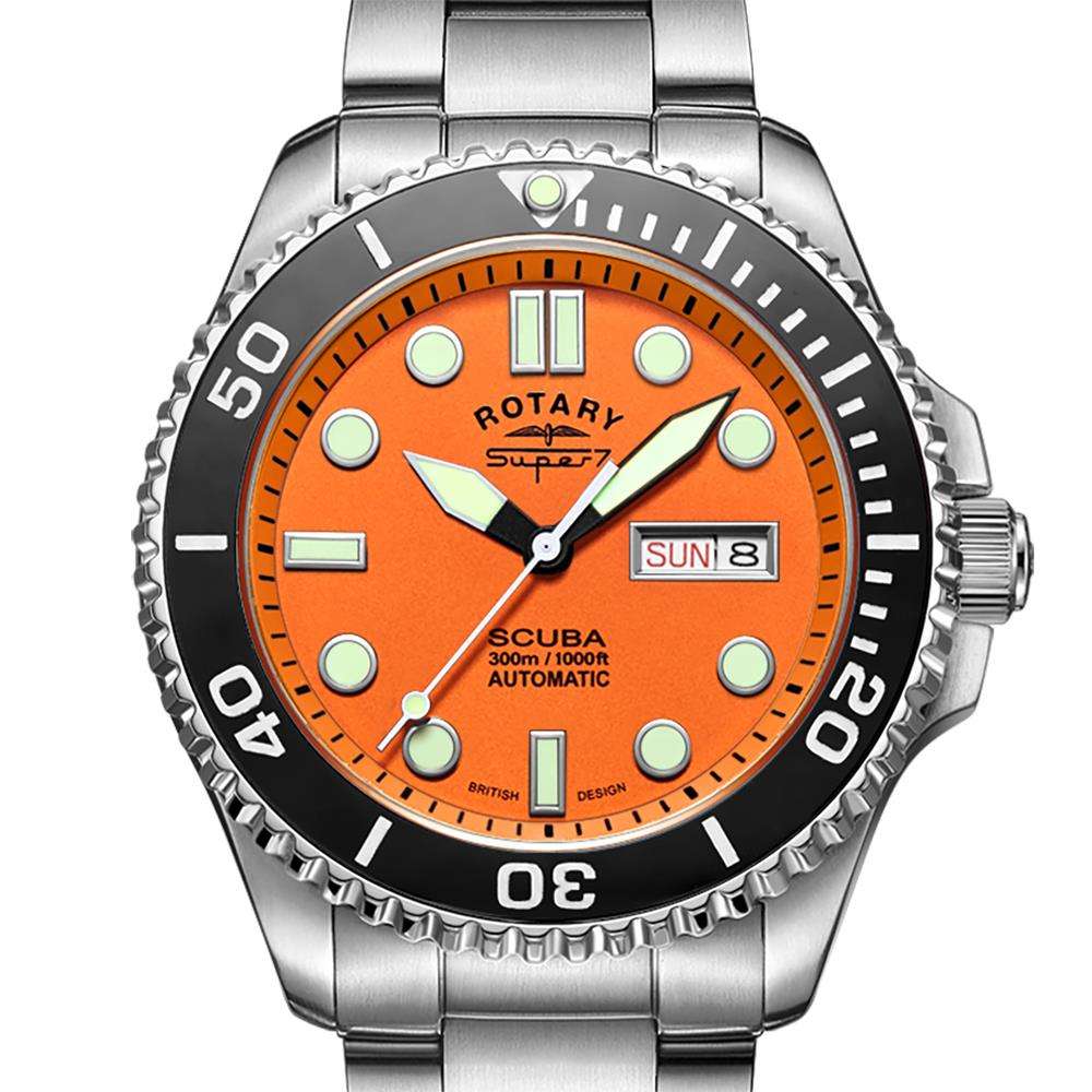 Rotary Super 7 SCUBA Automatic Orange Dial Ceramic Bezel Silver Stainless Steel Bracelet Men's Dive Watch S7S002B