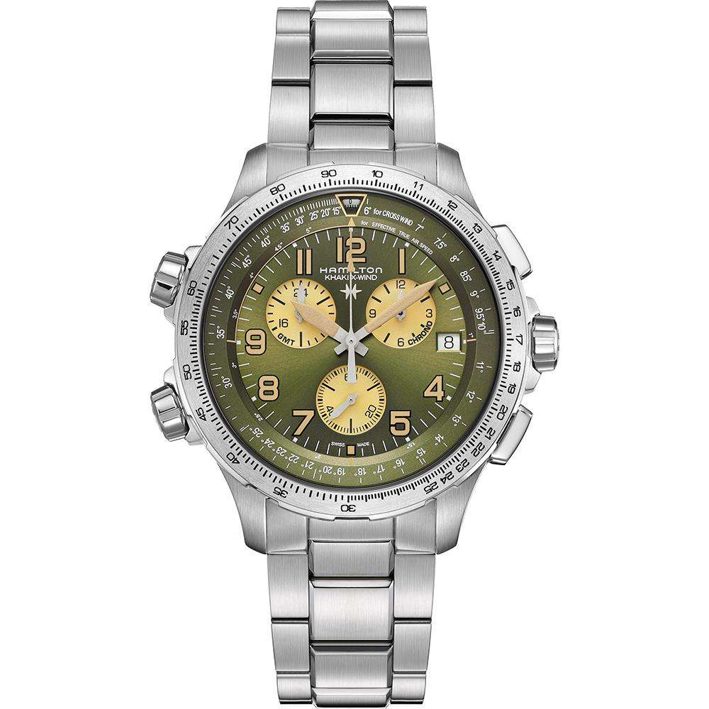 Hamilton Khaki X-Wind GMT Quartz Green Chronograph Dial Stainless Steel Bracelet Men's Watch H77932160