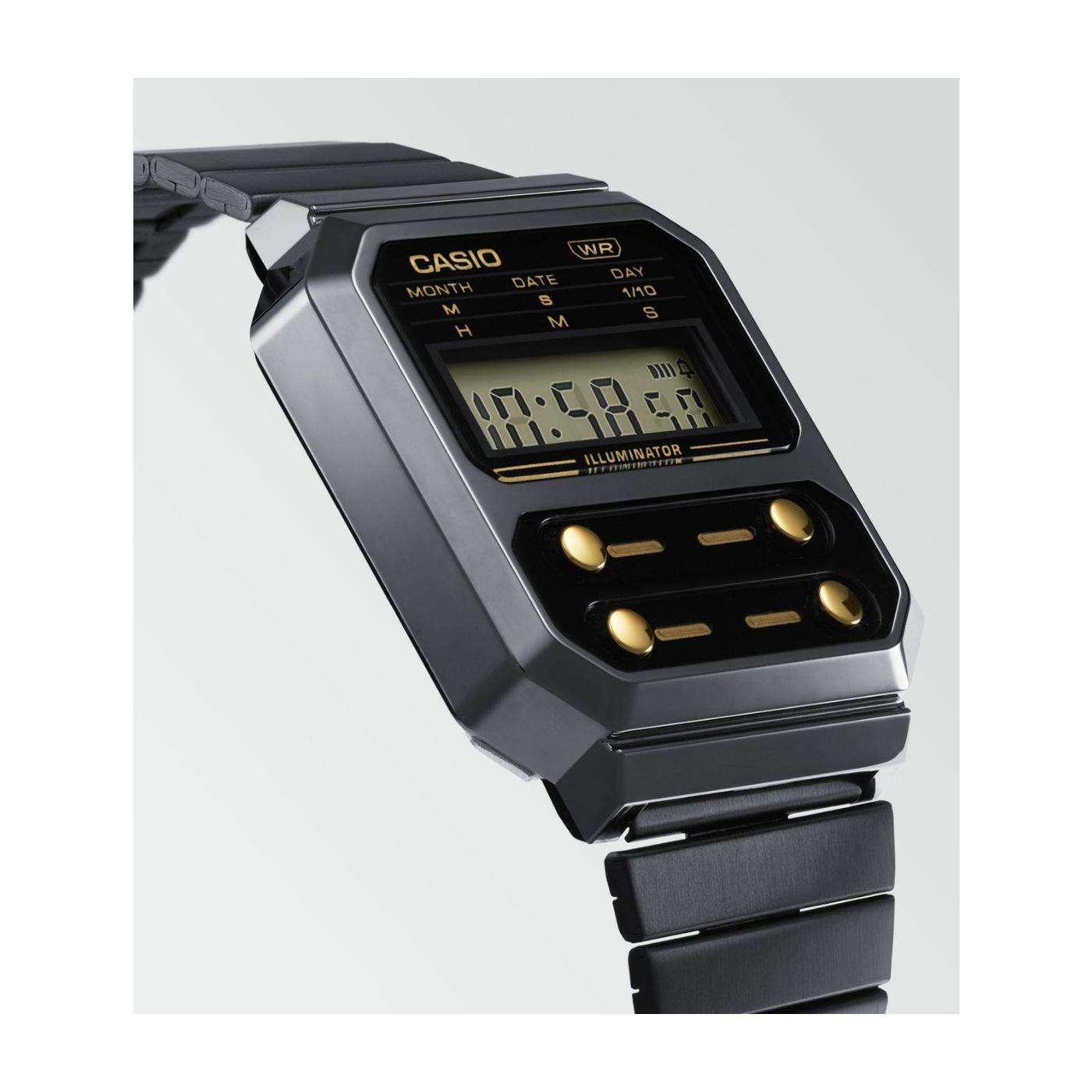 Casio Collection Vintage Edgy Quartz Digital Black/Gunmetal Grey IP Plated Steel Watch A100WEGG-1A2EF
