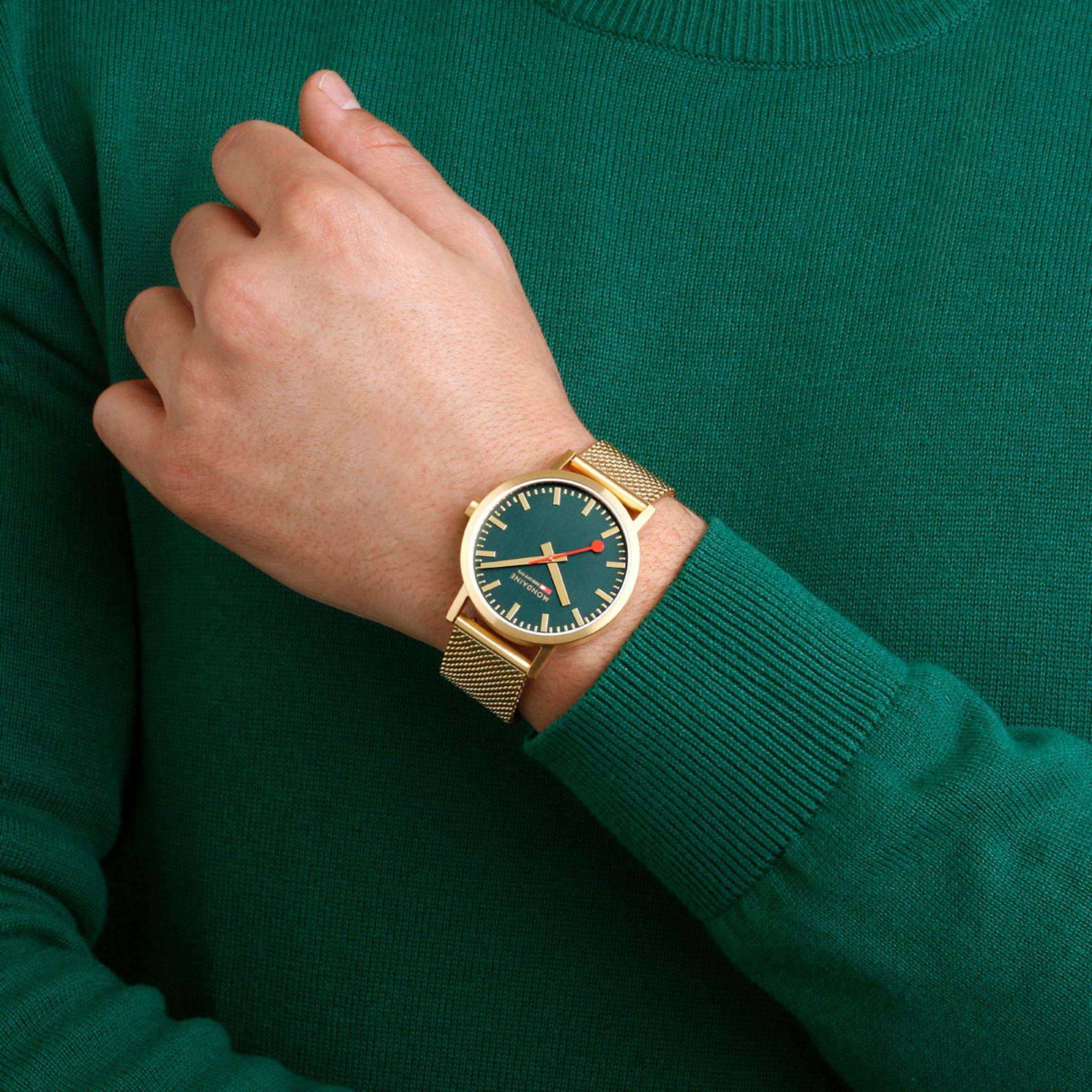 Mondaine Classic IP Gold Mesh Bracelet Green Dial Unisex Watch A660.30360.60SBM