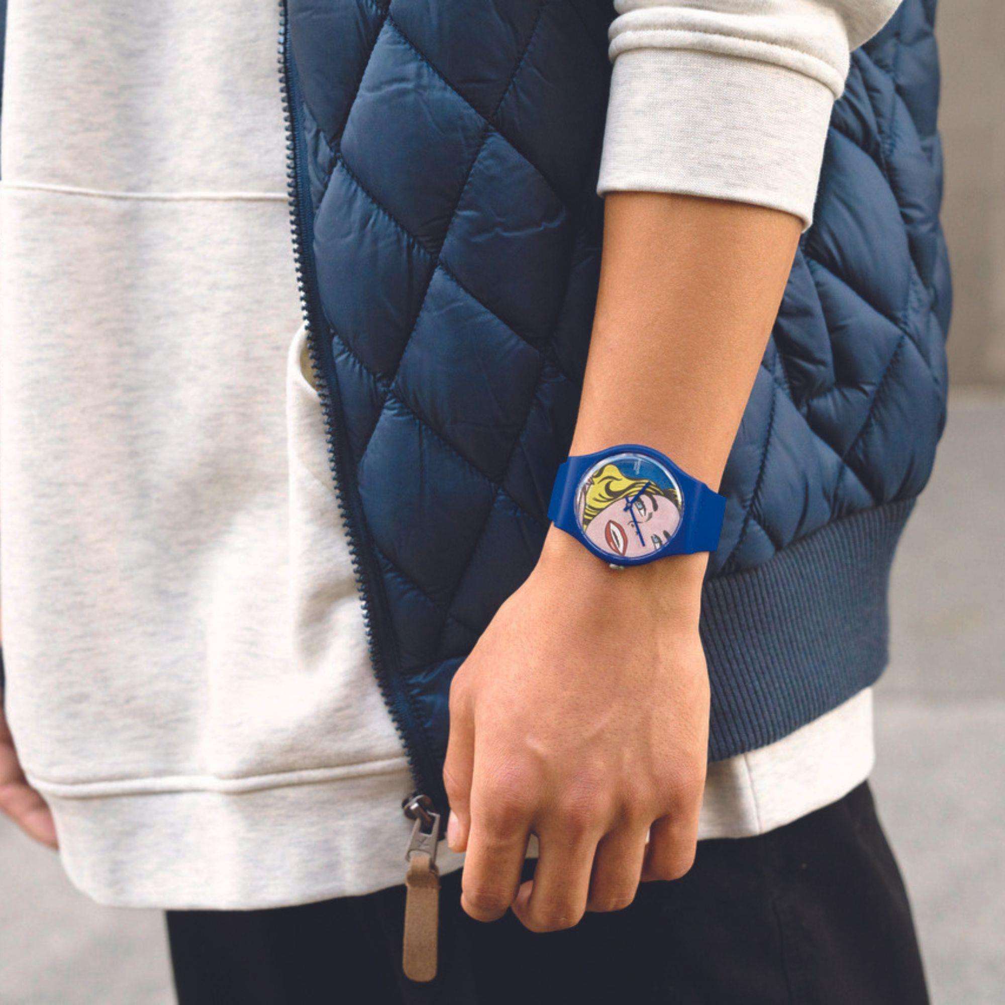 Swatch Art Journey Girl By Roy Lichtenstein Blue Silicone Strap Watch SUOZ352