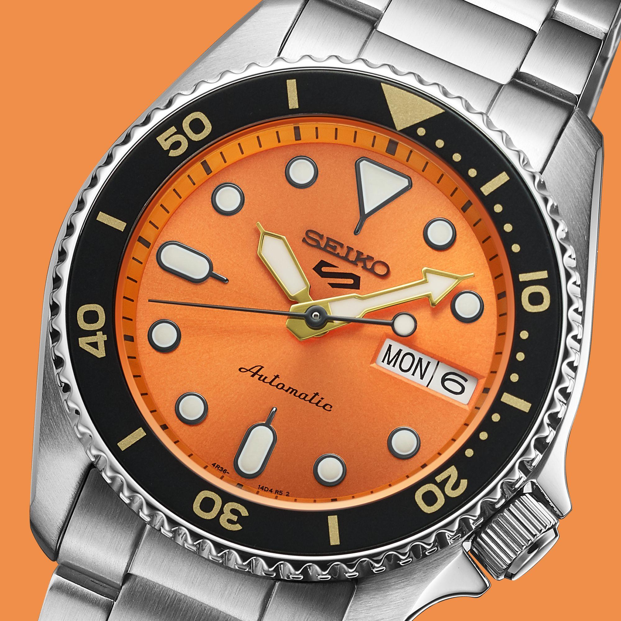 Seiko 5 Sports SKX "Midi" Reissue Orange Dial Steel Bracelet Watch SRPK35K1