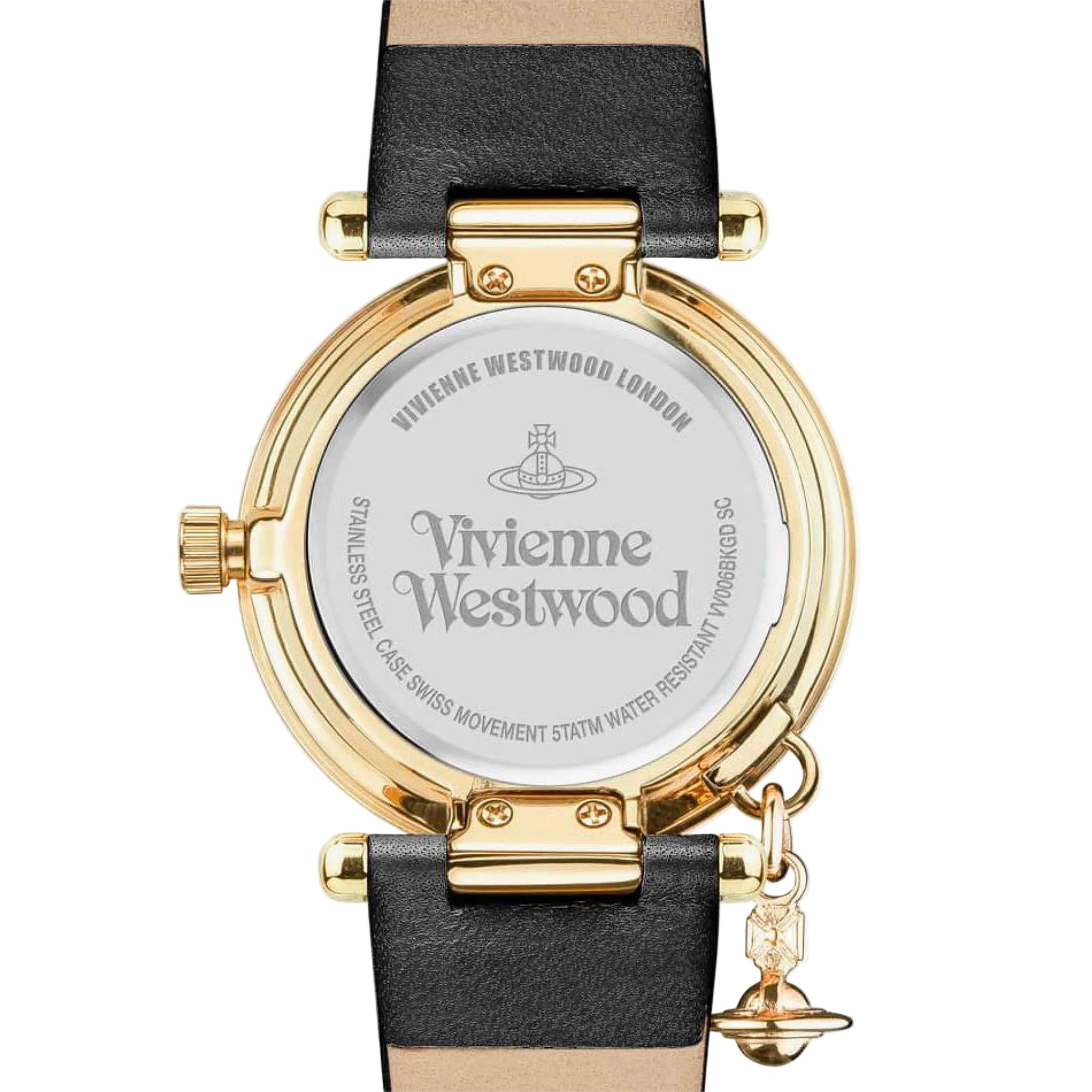 Vivienne Westwood Orb II VV006BKGD gold-tone caseback quartz watch with black leather strap and engraved dial back