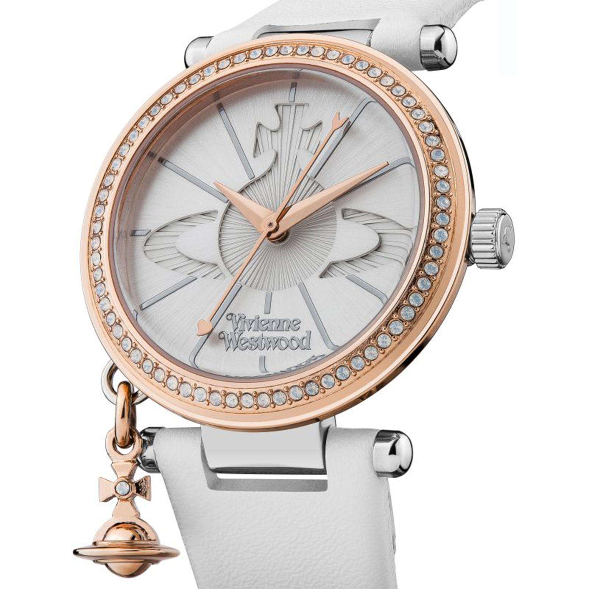 Vivienne Westwood Orb Quartz Silver Dial White Leather Strap Ladies Watch VV006RSWH
