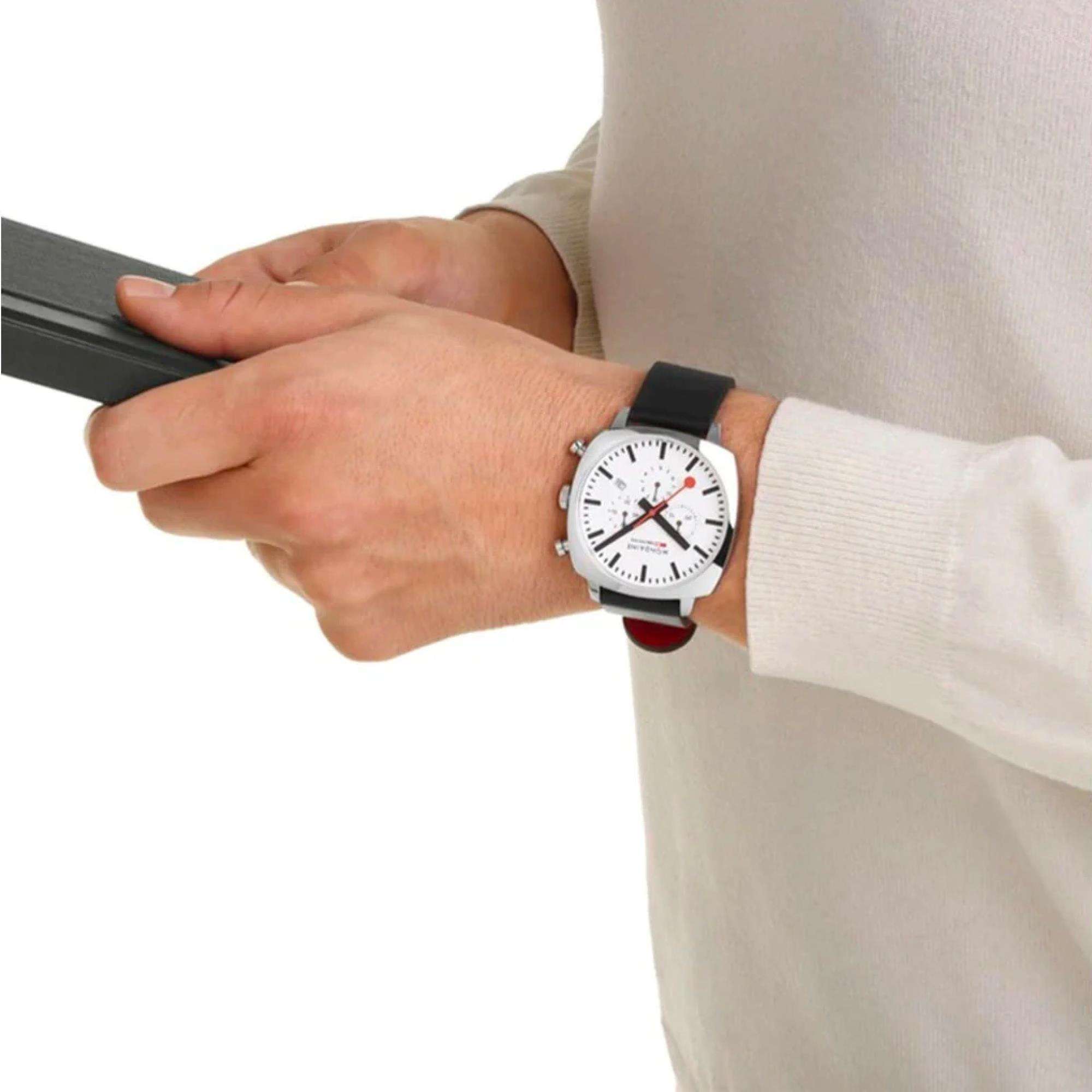 Mondaine Grand Cushion Chronograph Quartz White Dial Leather Strap Men's Watch MSL.41410.LBV.SET