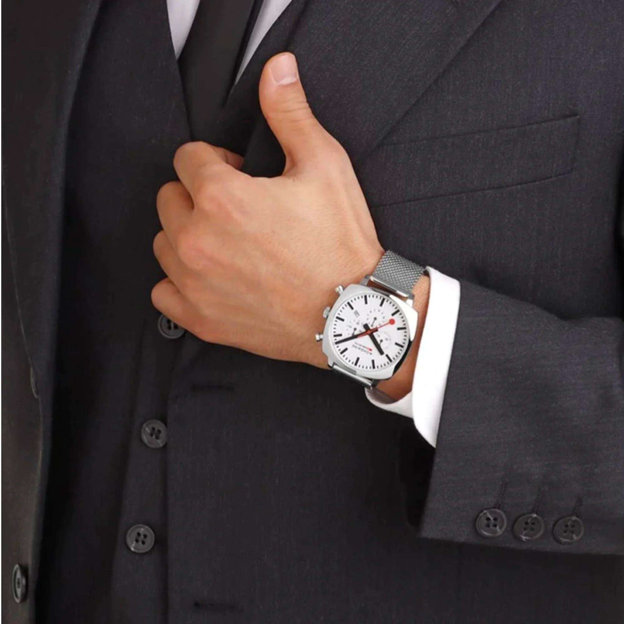 Mondaine Grand Cushion Chronograph Quartz White Dial Leather Strap Men's Watch MSL.41410.LBV.SET