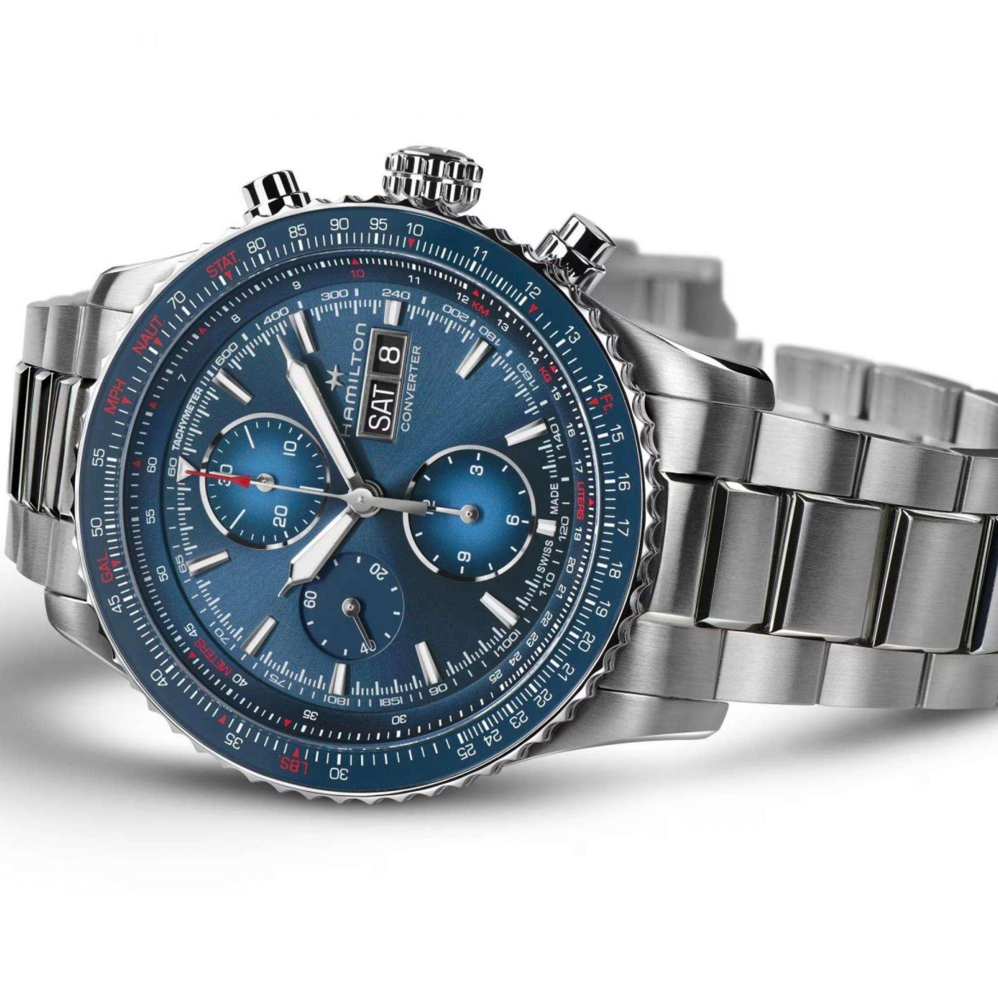 Hamilton Khaki Aviation Converter Auto Chrono Blue Dial Steel Strap Men's Watch H7674614