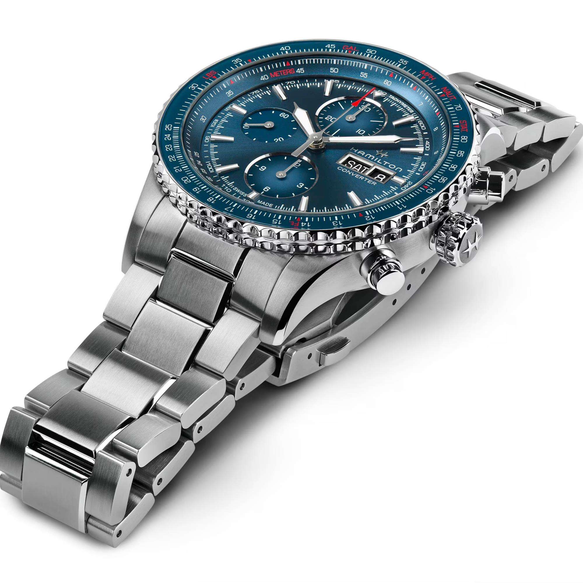 Hamilton Khaki Aviation Converter Auto Chrono Blue Dial Steel Strap Men's Watch H7674614