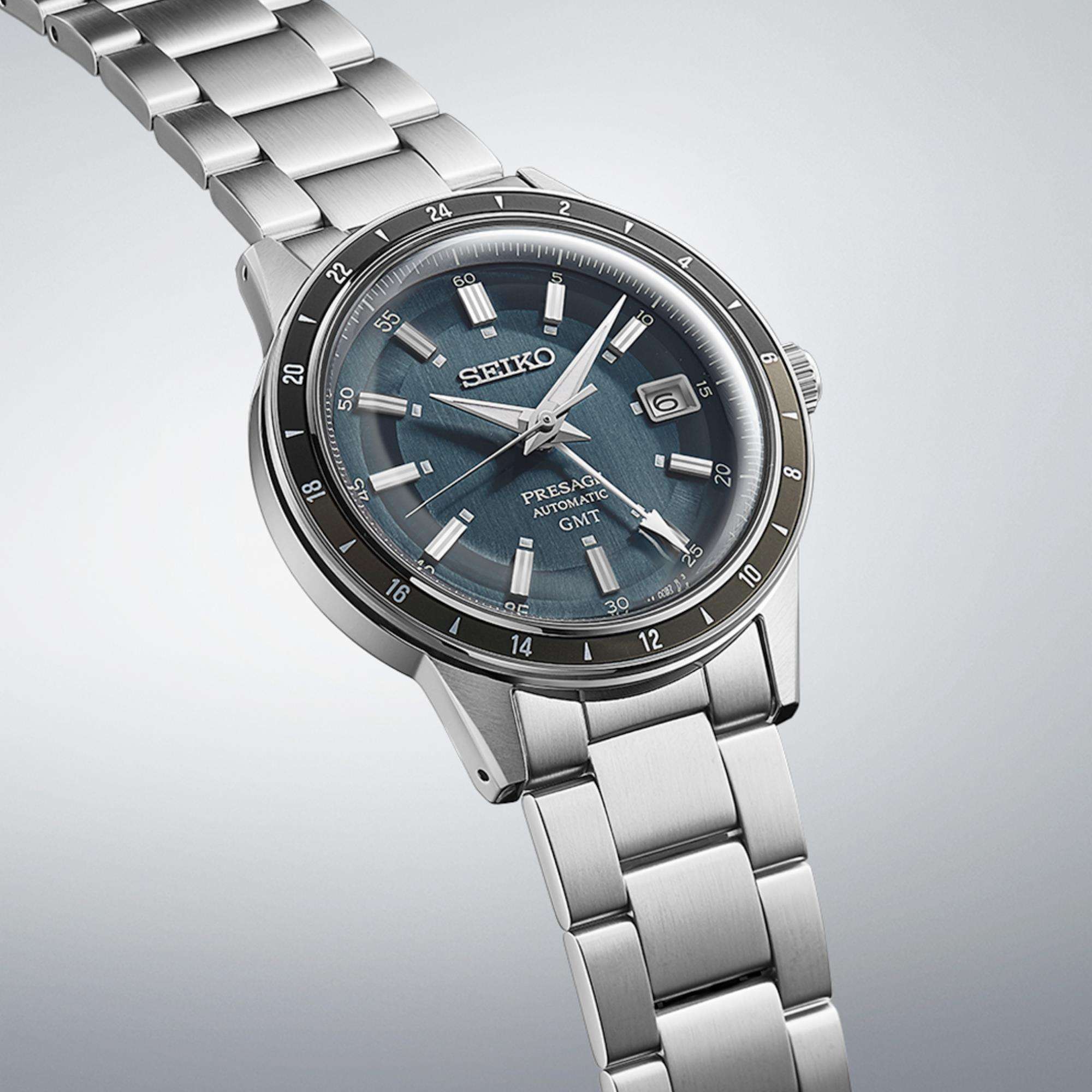 Seiko Presage 'Petrol Blue' Style 60s Road Trip GMT Automatic Blue Dial Men's Watch SSK009J1