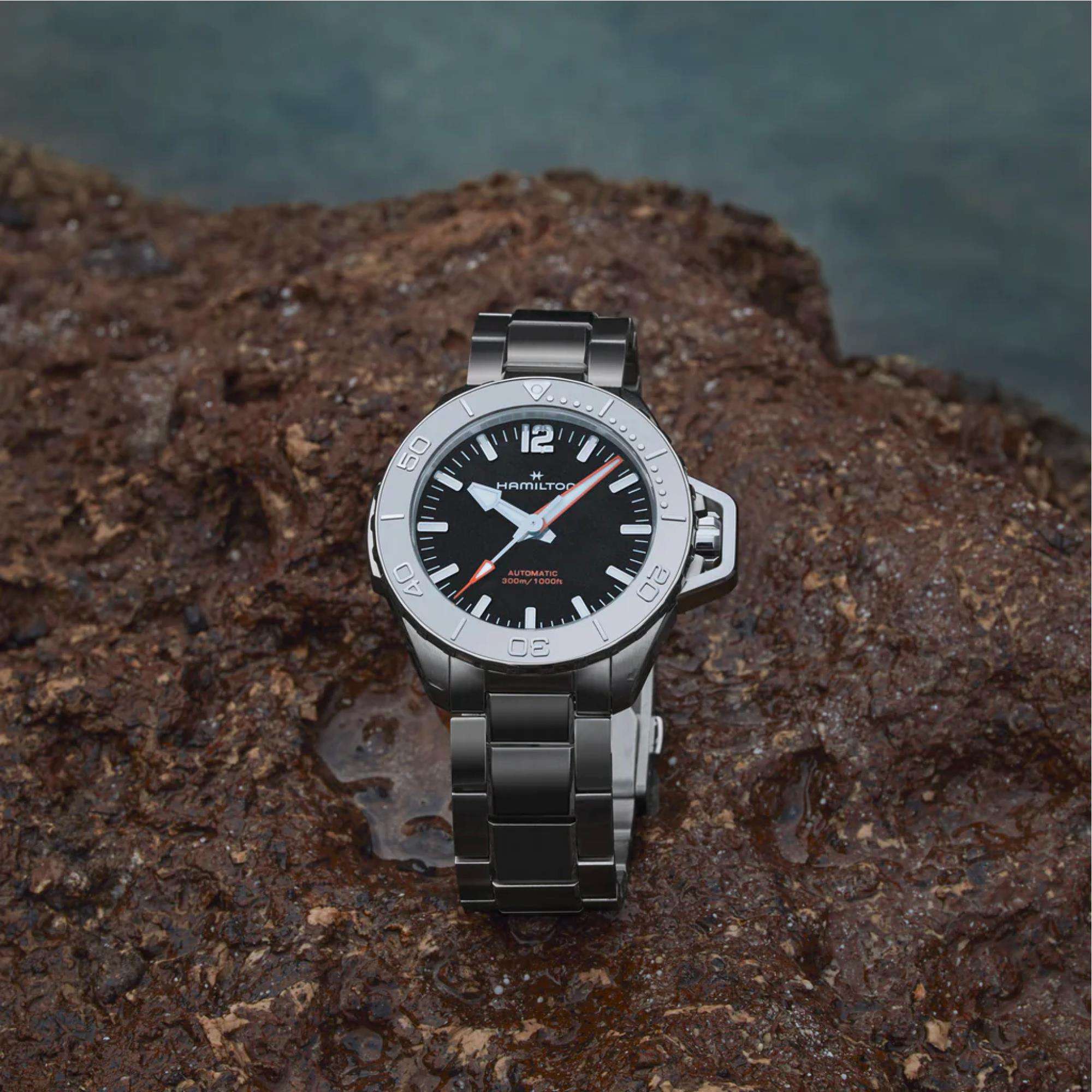 Hamilton Khaki Navy Frogman Automatic Black Dial Stainless Steel Bracelet Men's Watch H77485130