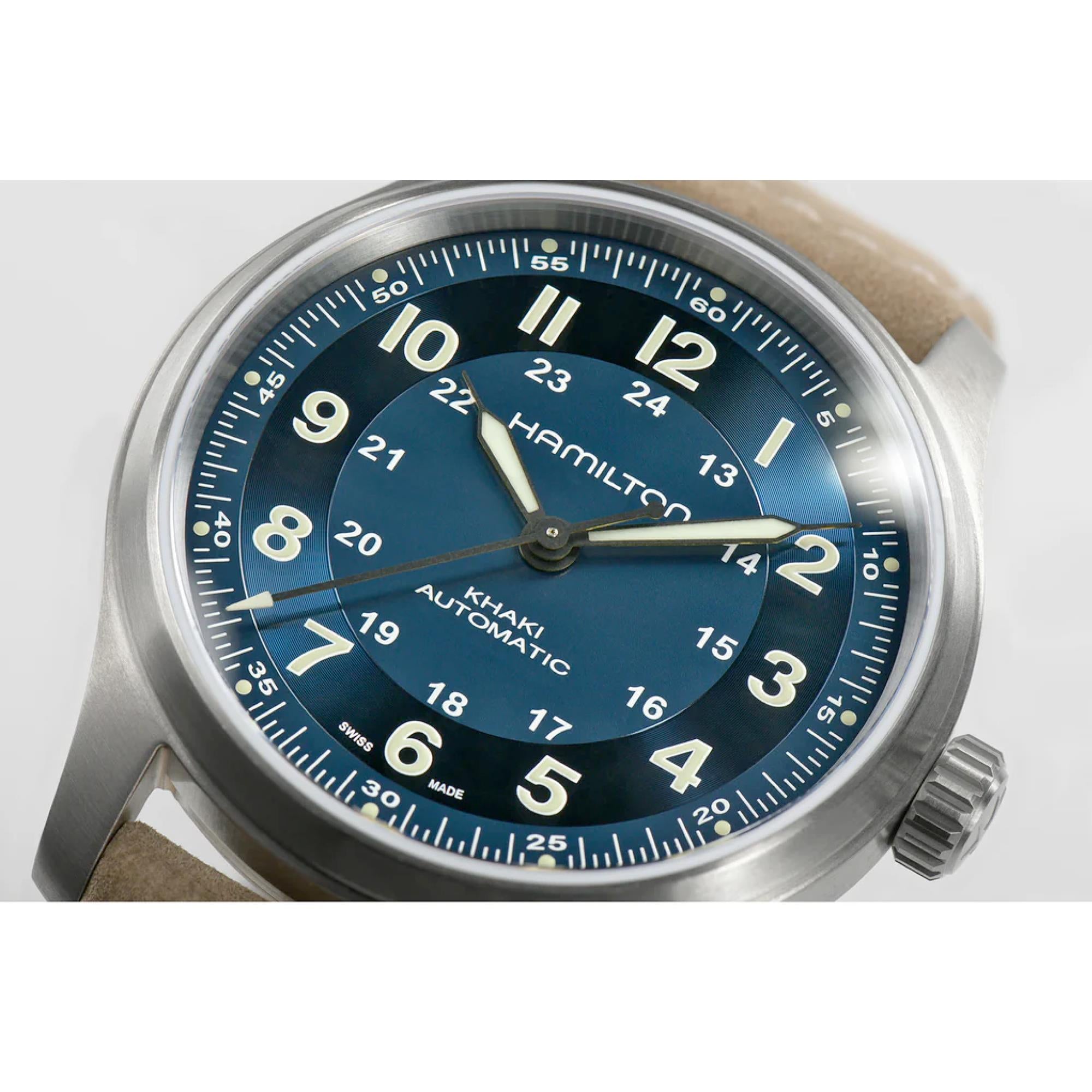 Hamilton Khaki Field Titanium Automatic Blue Dial Beige Leather Strap Men's Watch H70545540