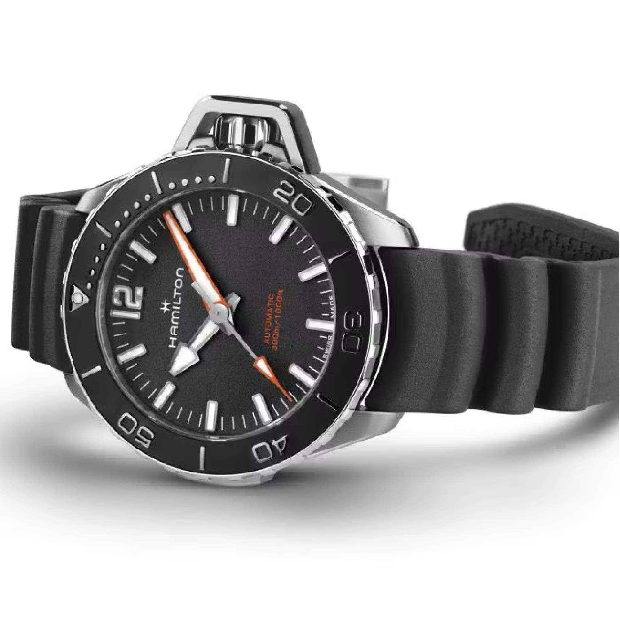 Hamilton Khaki Navy Frogman Automatic Black Dial Black Rubber Strap Men's Watch H77455330
