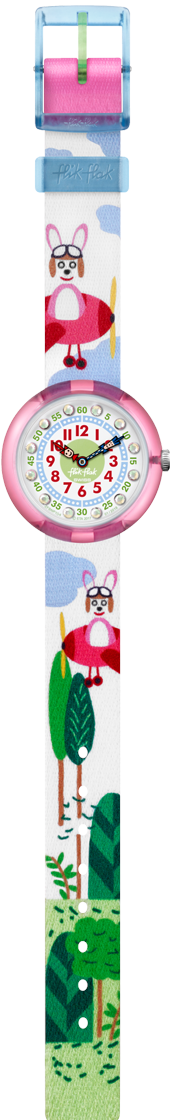 Flik Flak Hopp on a Plane Kids' Girls Green Textile Strap Pink Plastic Case Dog Watch FBNP104 32mm