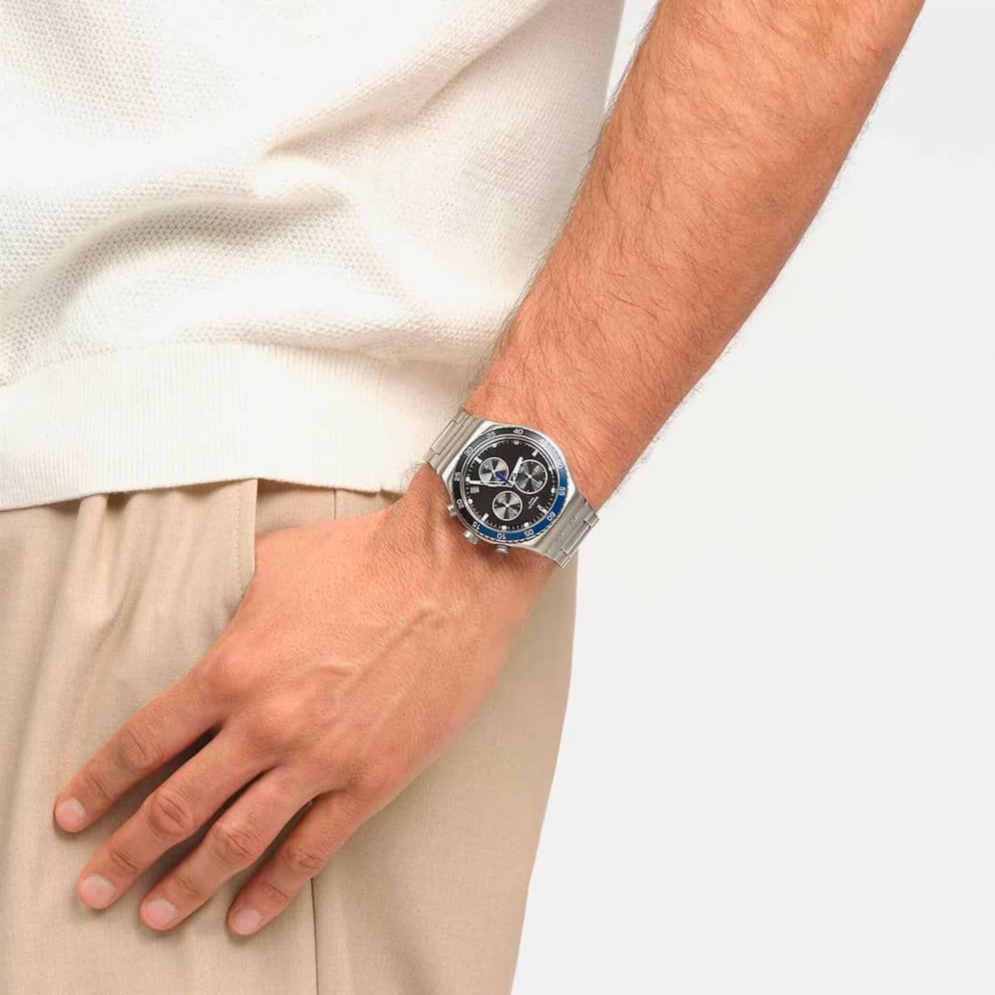 Swatch Dark Blue Irony Black Dial Quartz Unisex Bracelet Watch YVS507G
