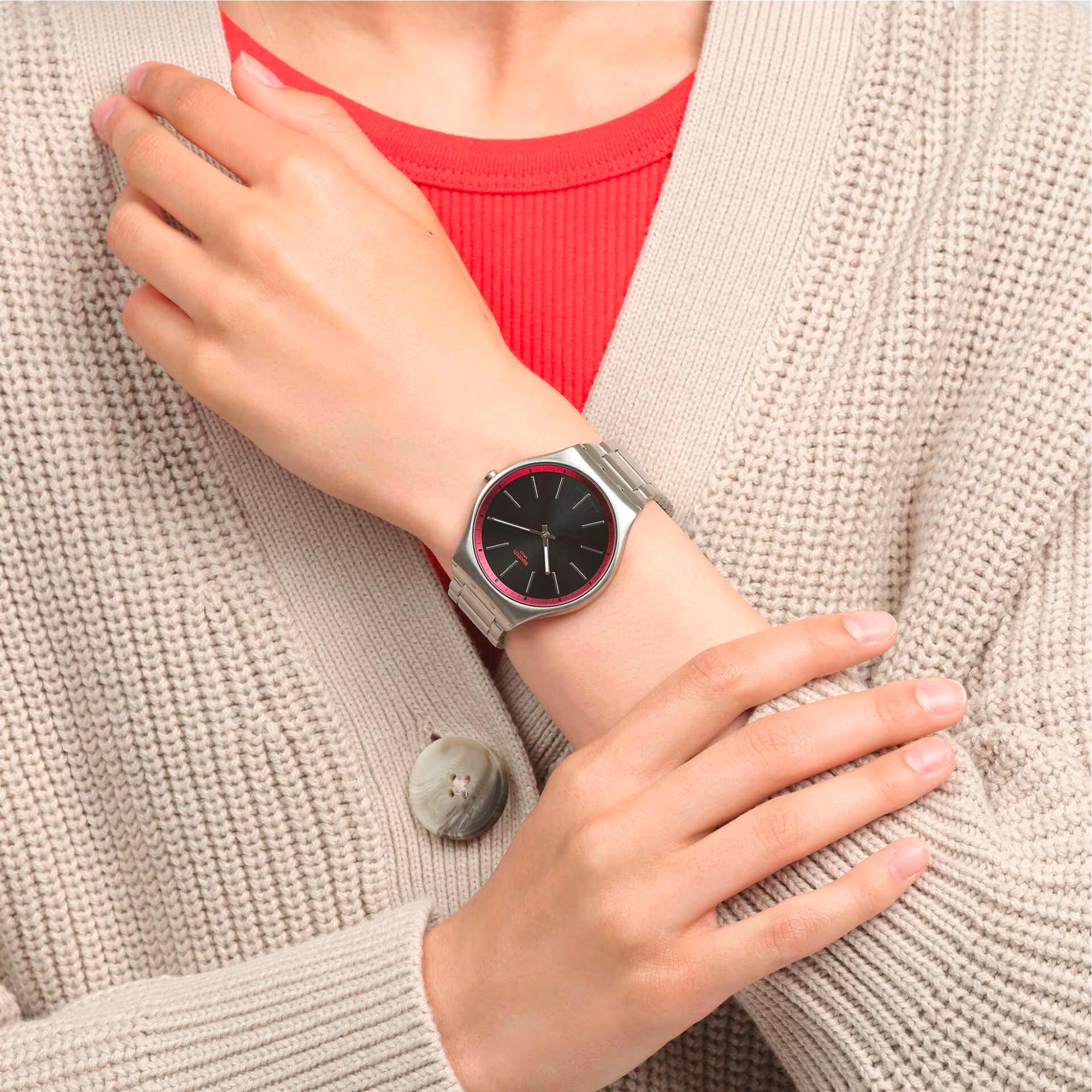 Swatch Red Graphite Quartz Black Dial Steel Strap Unisex Watch SS07S129G